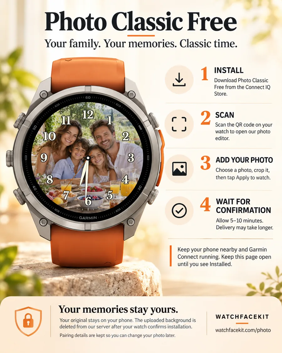 Photo Classic Free setup: install from Connect IQ, scan the QR on the watch, add your photo, wait for confirmation