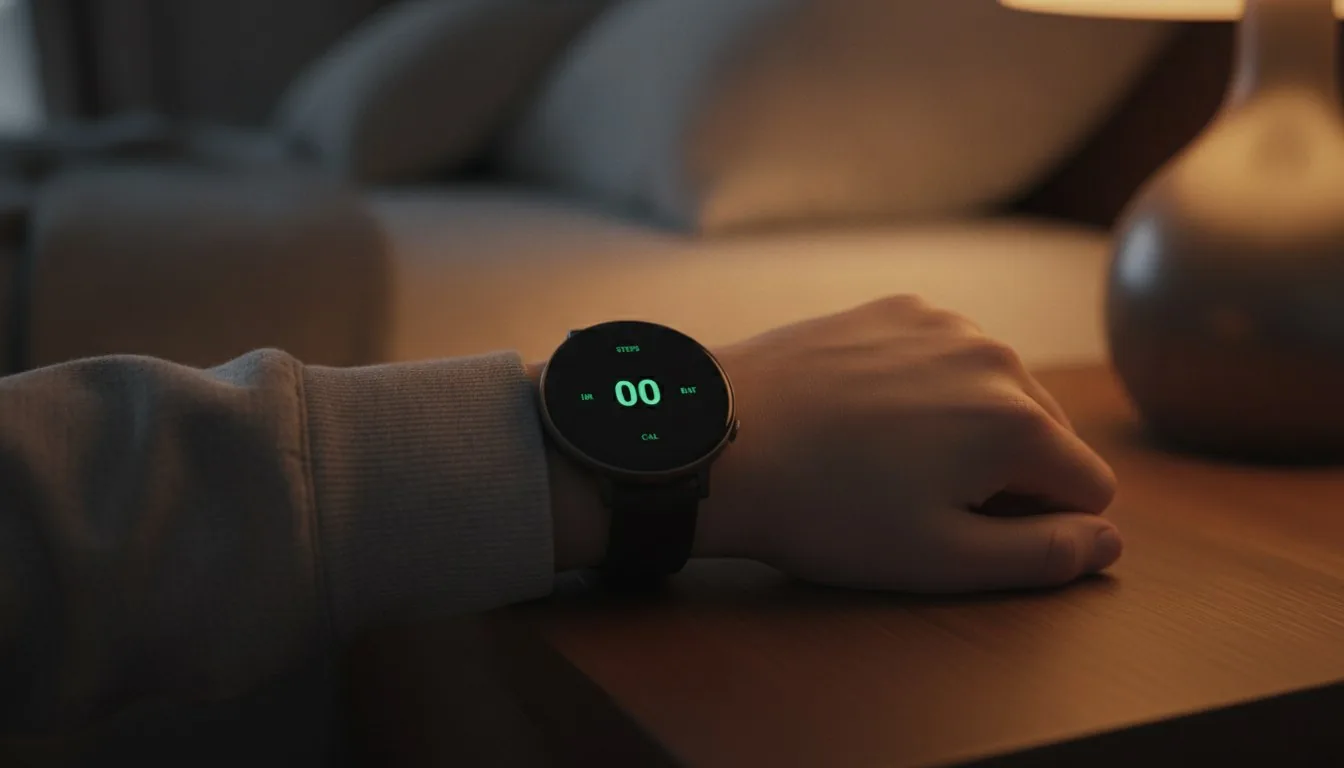 Een Garmin-horloge met gedimde always-on-weergave op een nachtkastje in het donker