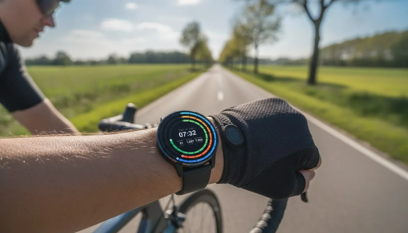 Pols van een fietser op een racestuur, met een kleurrijke wijzerplaat