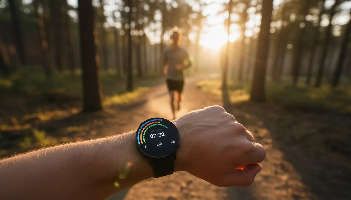 Hardloper op een pad met een Garmin-horloge en een kleurrijke WatchFaceKit-wijzerplaat