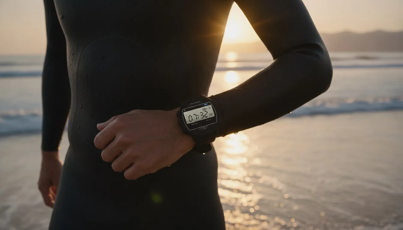 Triatleet in een wetsuit die op het strand een kleurrijke wijzerplaat bekijkt