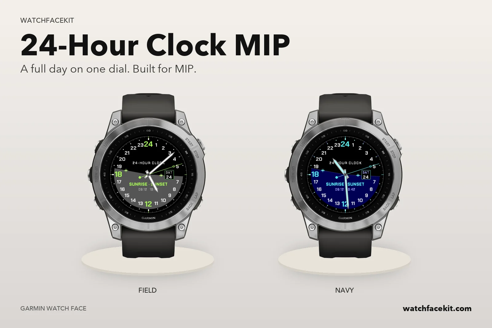 Wijzerplaat 24-Hour Clock MIP op een Garmin fēnix 7 — Field en Navy