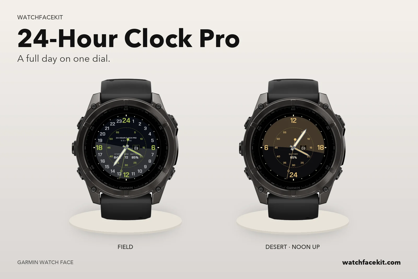 หน้าปัด 24-Hour Clock Pro บน Garmin fēnix 8 — Field และ Desert · noon up