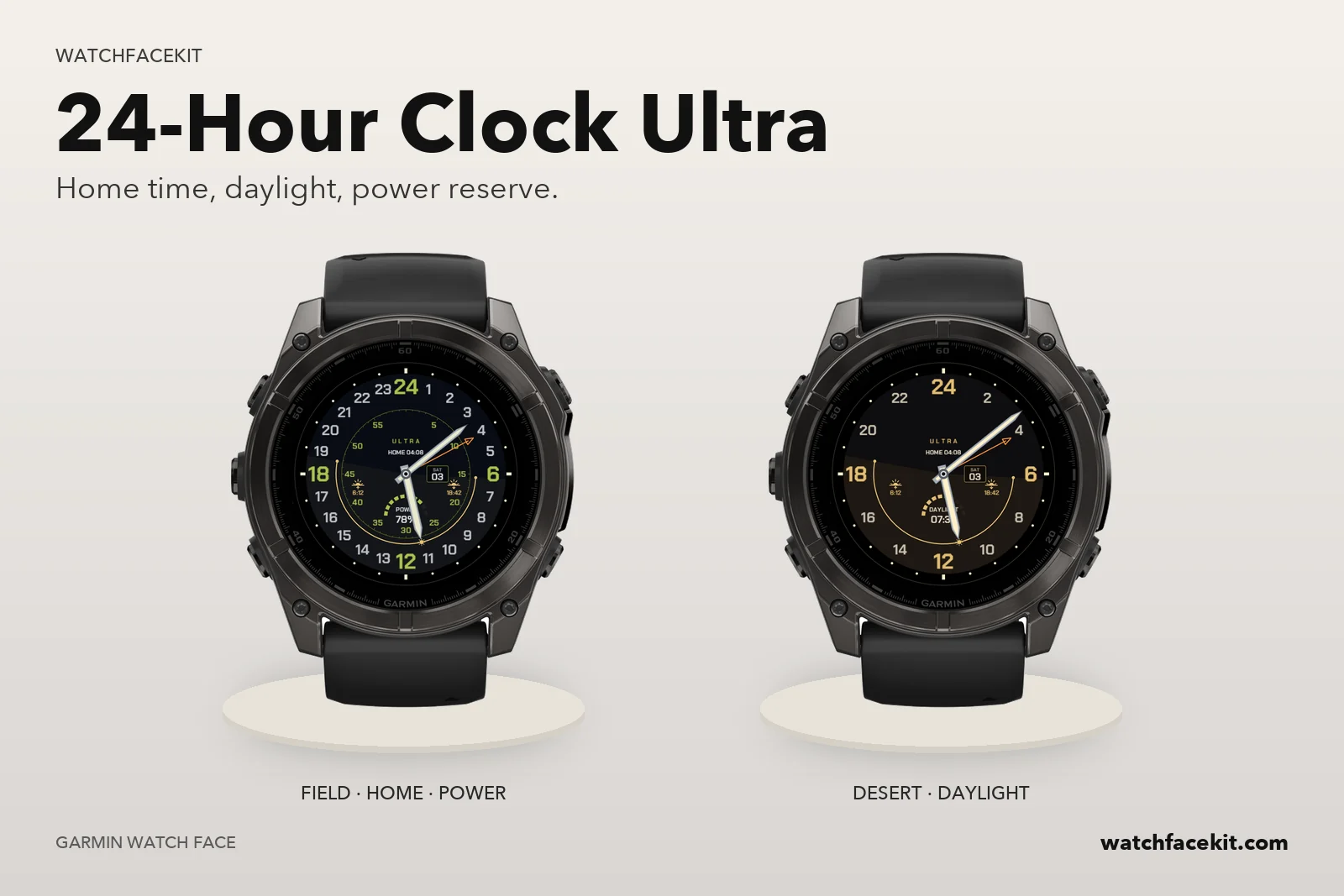 หน้าปัด 24-Hour Clock Ultra บน Garmin fēnix 8 — Field · HOME · power และ Desert · daylight