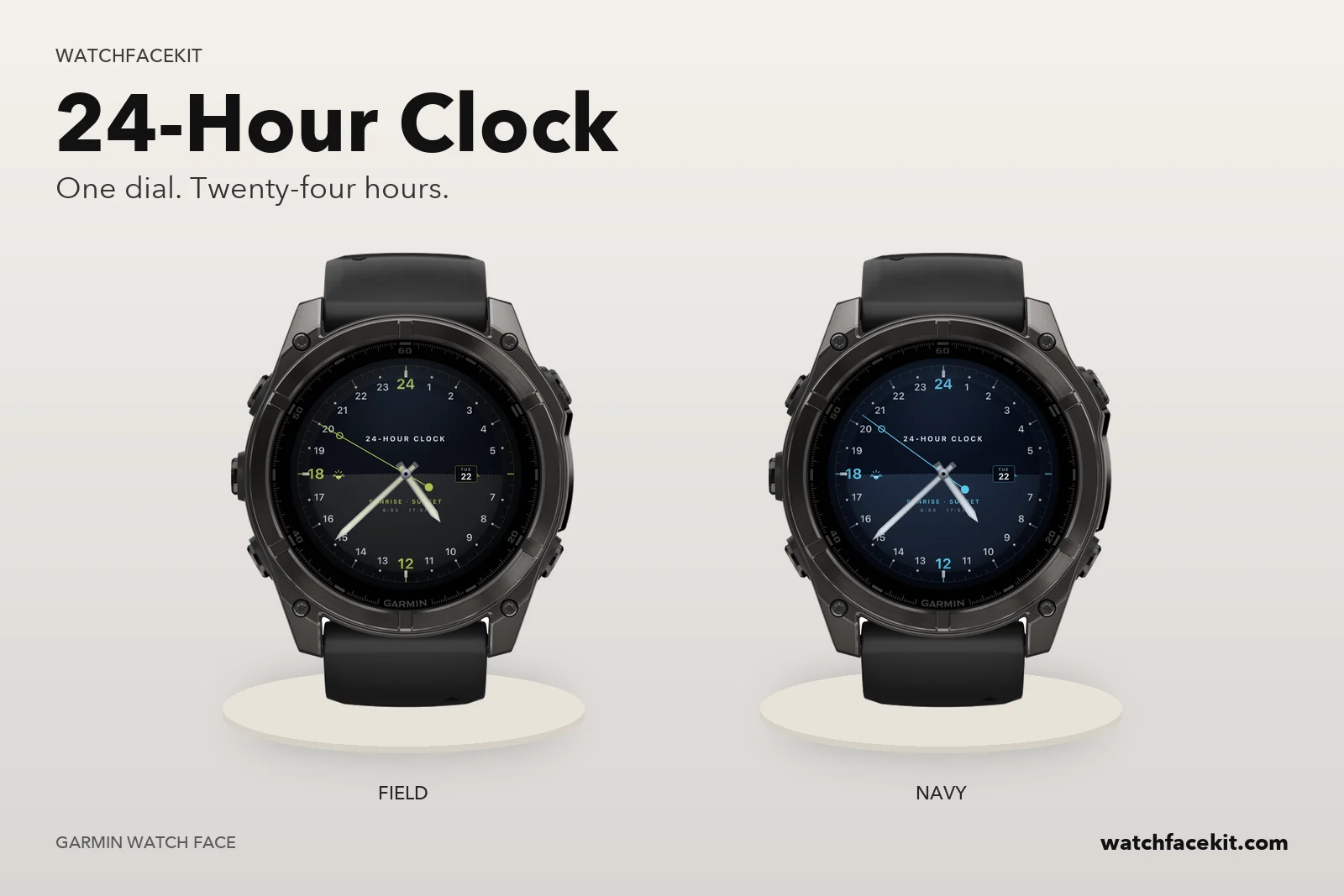 หน้าปัด 24-Hour Clock บน Garmin fēnix 8 — Field และ Navy
