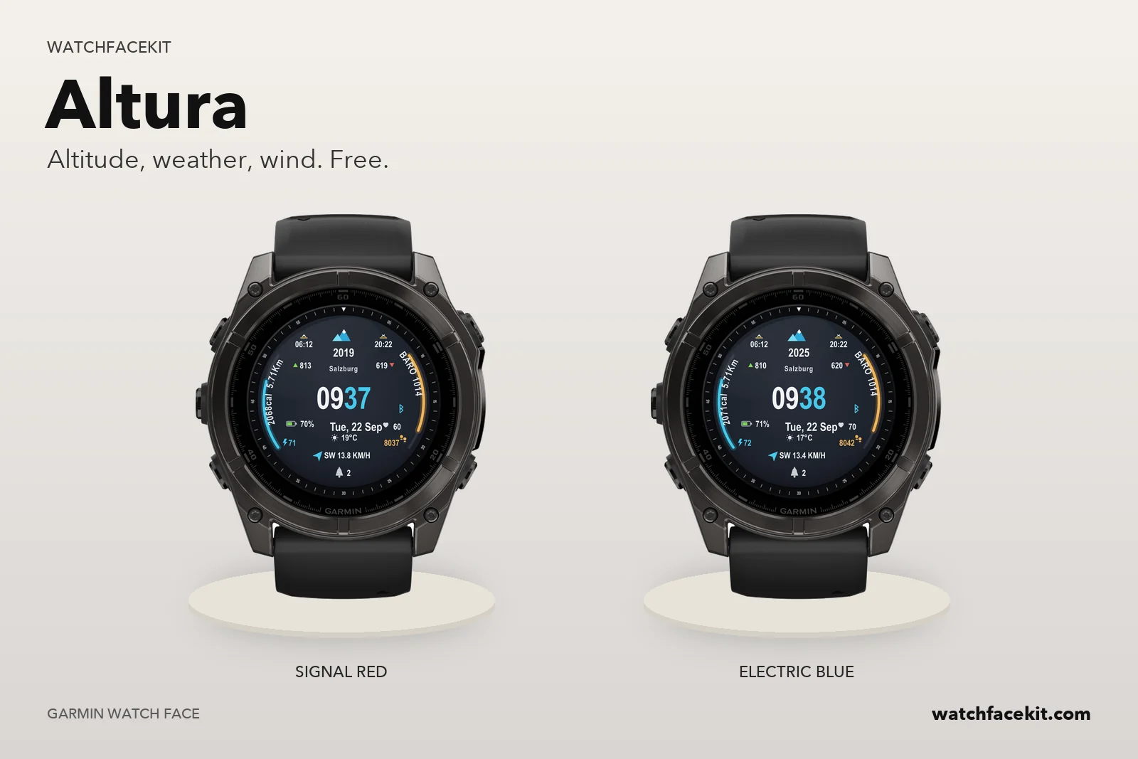หน้าปัด Altura บน Garmin fēnix 8 — Signal red และ Electric blue