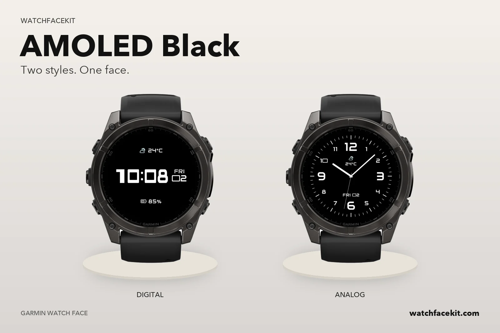 หน้าปัด AMOLED Black บน Garmin fēnix 8 — Digital และ Analog