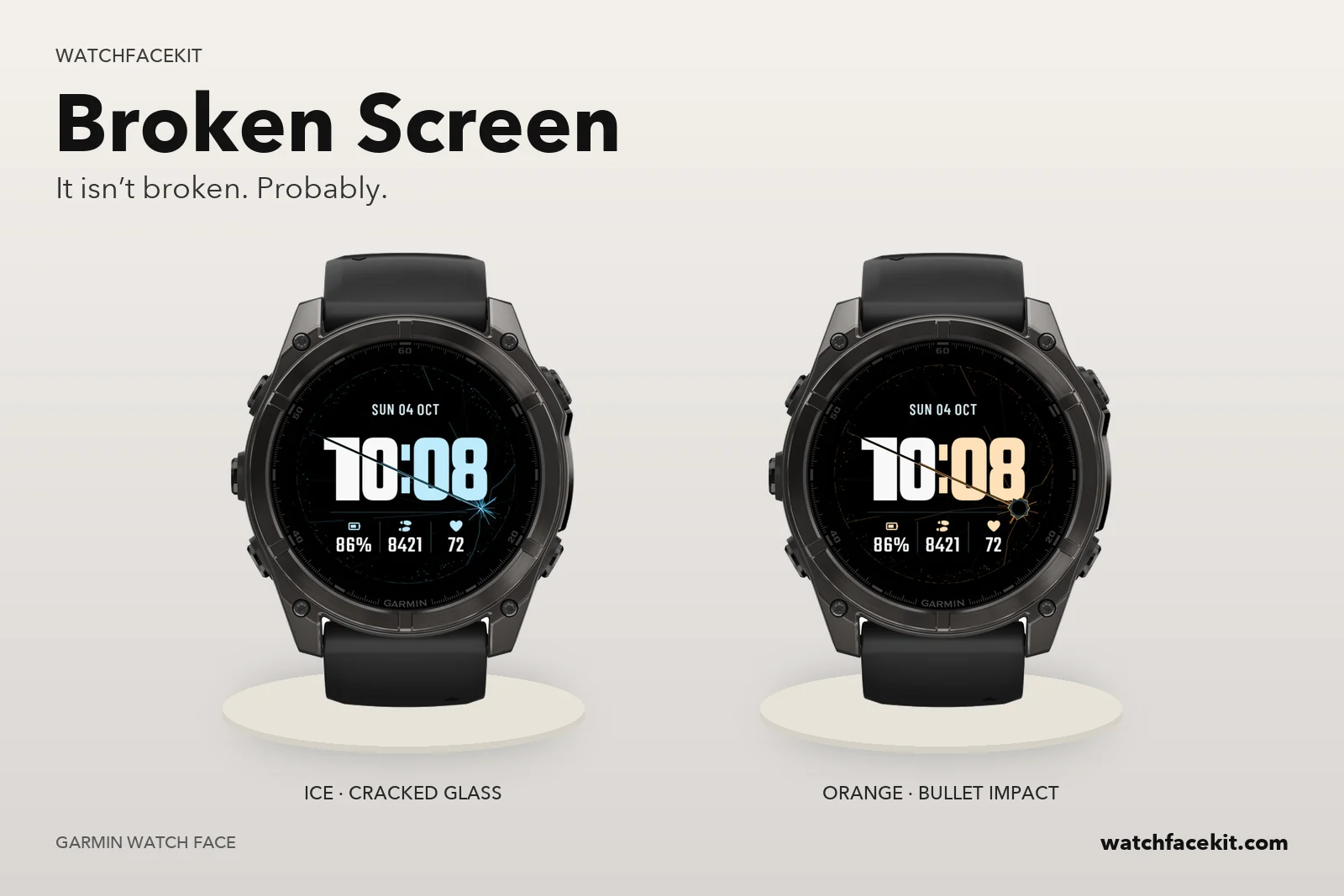 หน้าปัด Broken Screen บน Garmin fēnix 8 — Ice · cracked glass และ Orange · bullet impact