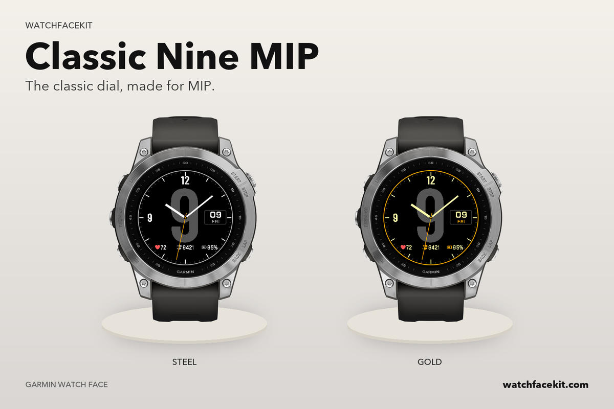 Step Wear Examples Metal Classic Nine MIP — Garmin watch face | WatchFaceKit