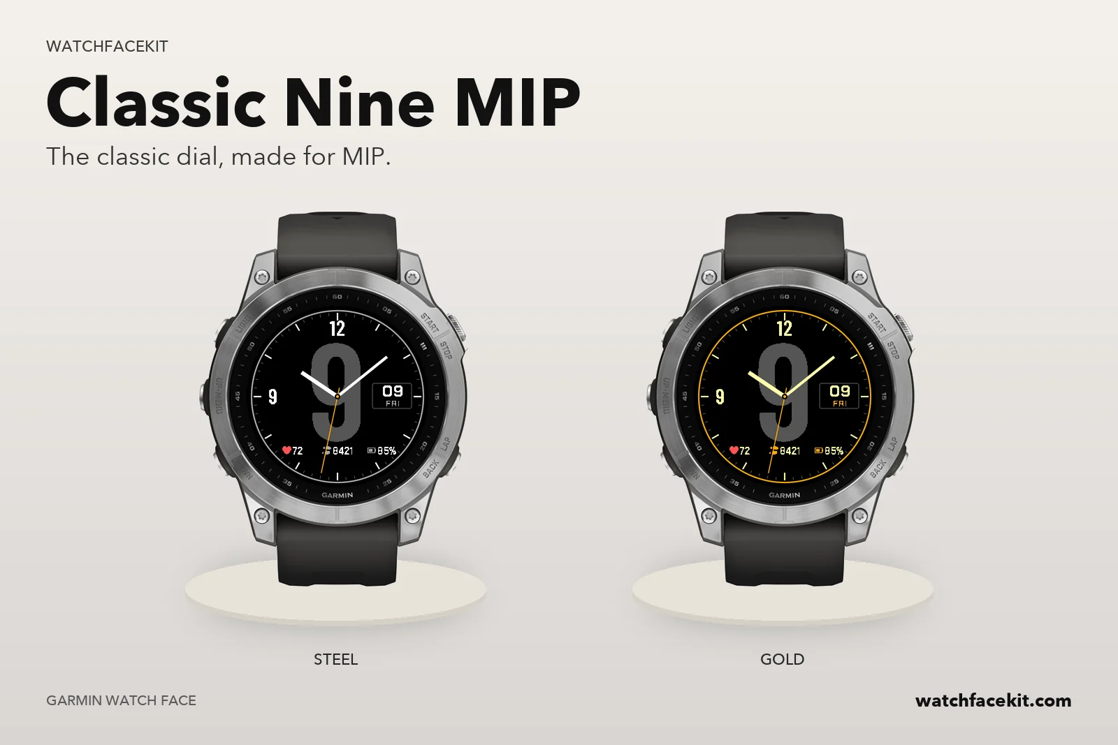 Garmin fēnix 7 に表示した Classic Nine MIP ウォッチフェイス(Steel・Gold)