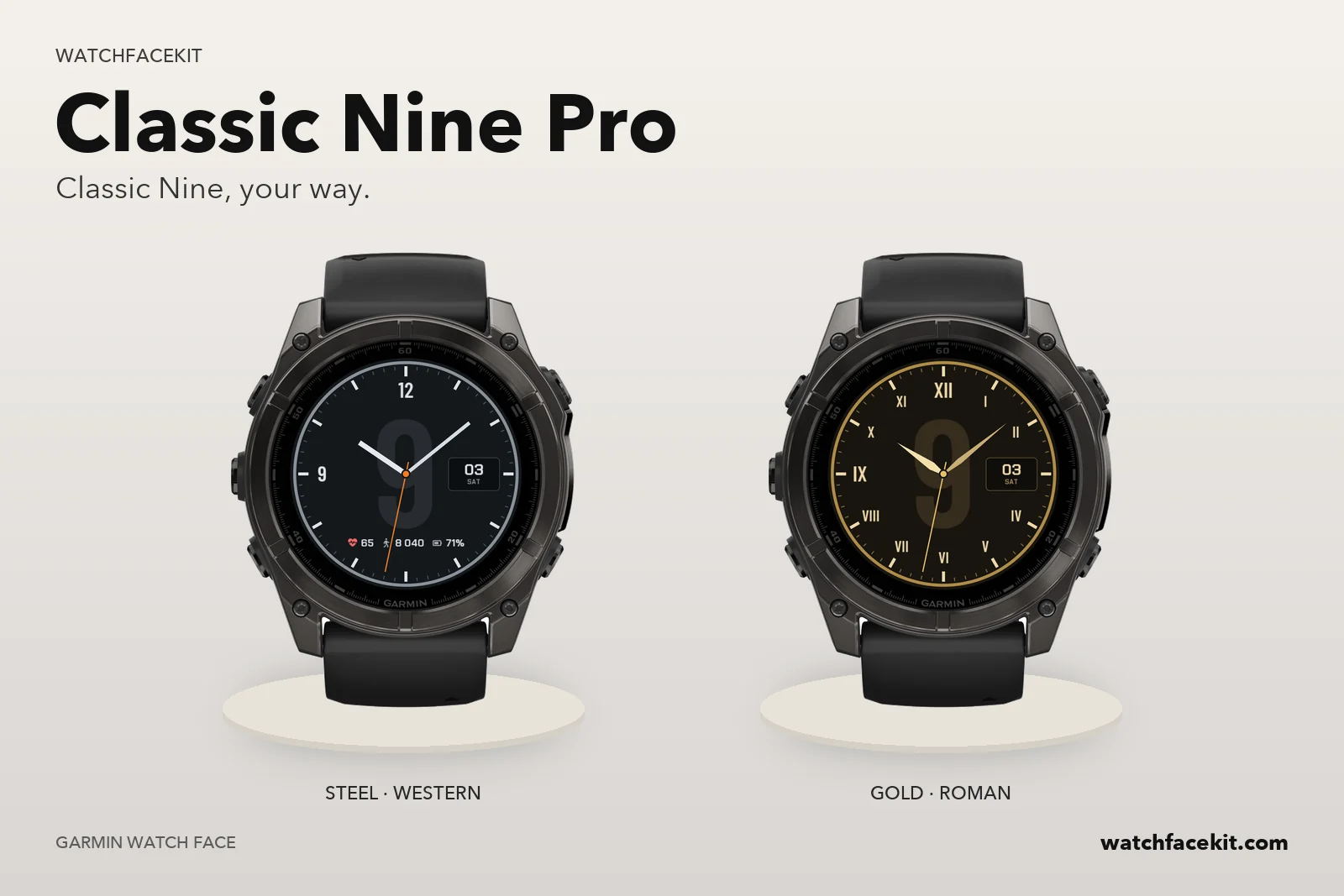 หน้าปัด Classic Nine Pro บน Garmin fēnix 8 — Steel · Western และ Gold · Roman