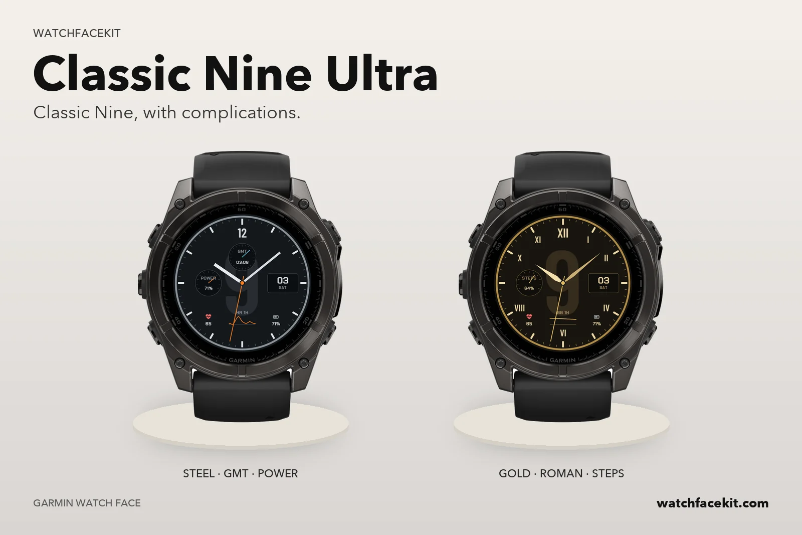 หน้าปัด Classic Nine Ultra บน Garmin fēnix 8 — Steel · GMT · power และ Gold · Roman · steps