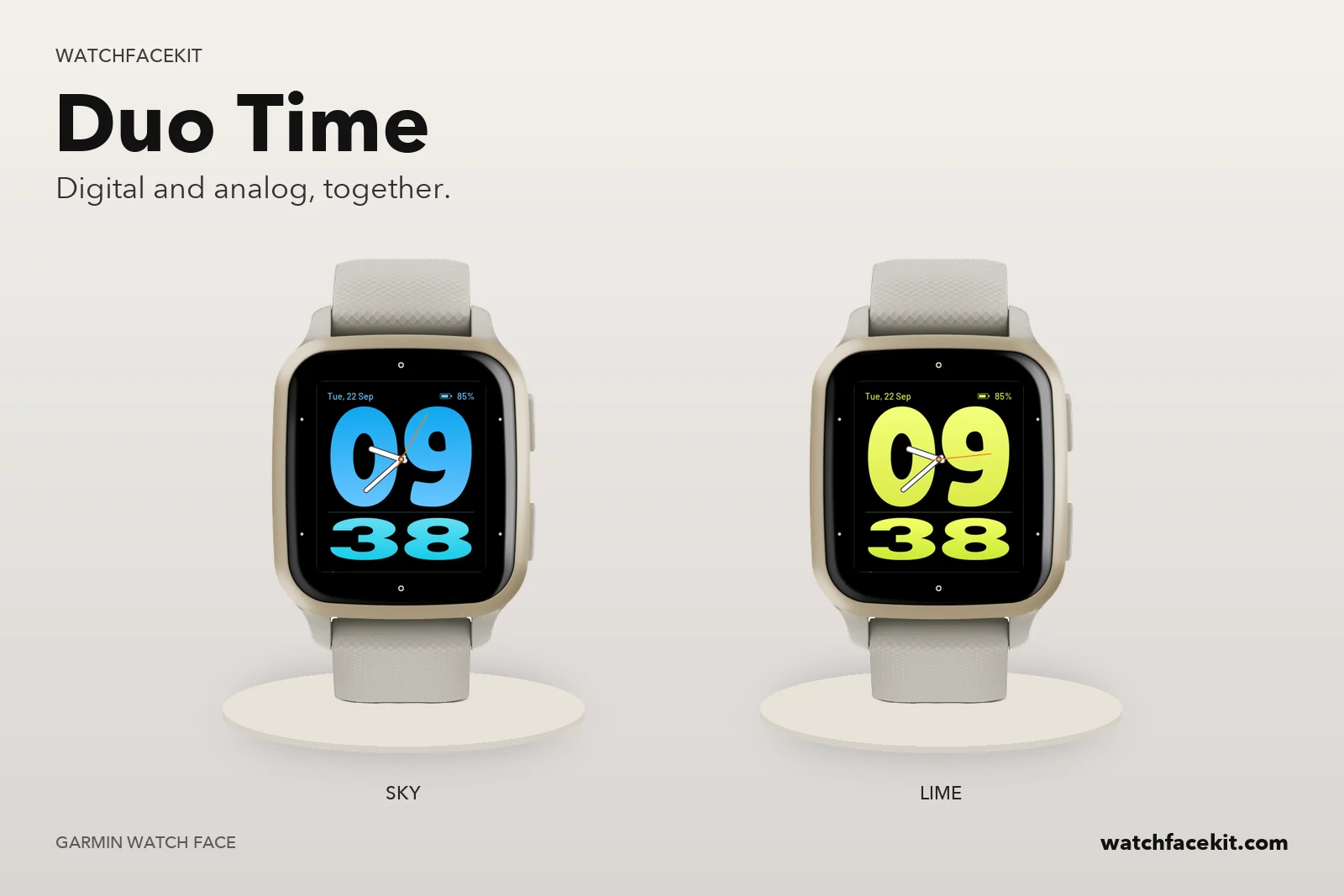 หน้าปัด Duo Time บน Garmin Venu Sq 2 — Sky และ Lime