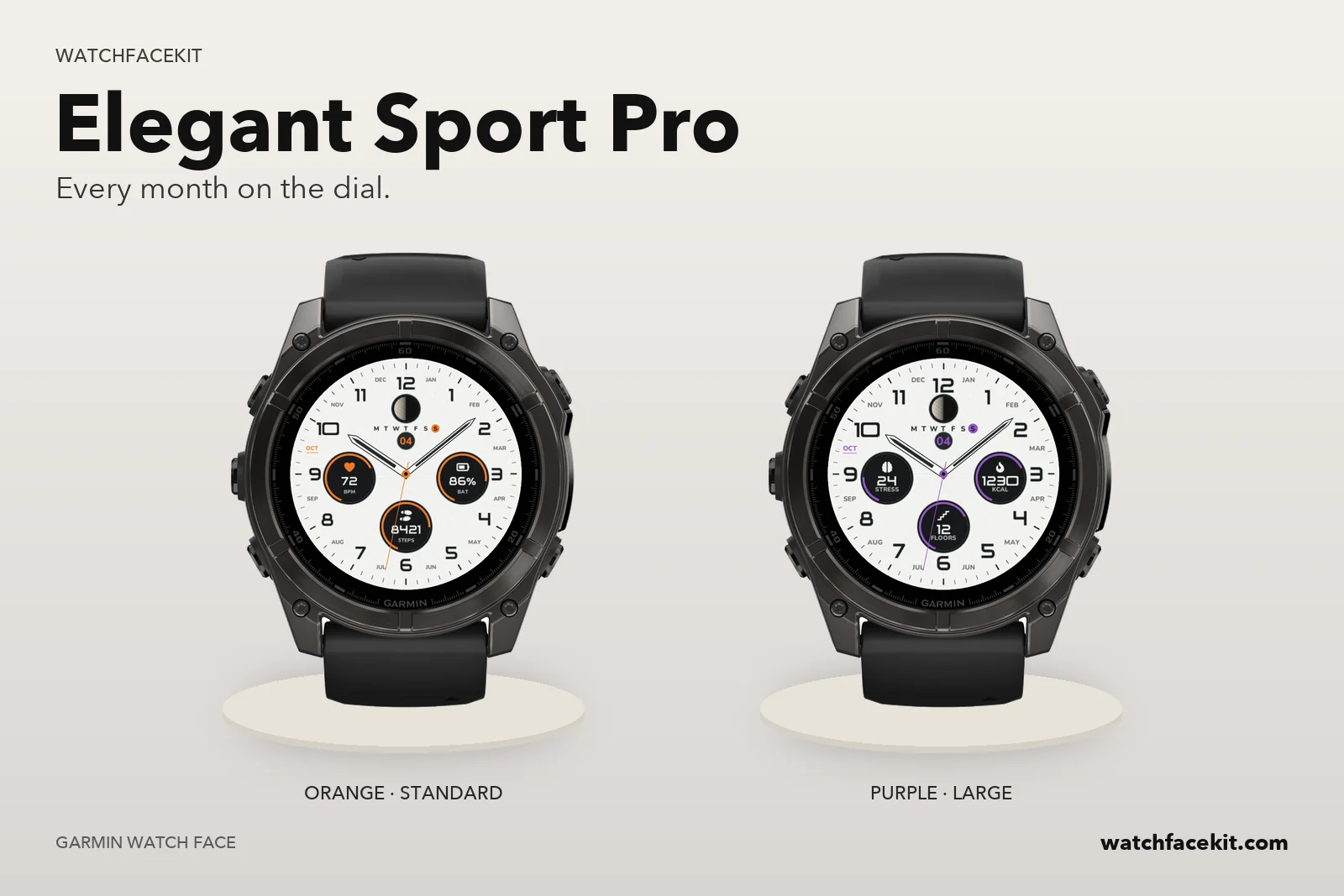 หน้าปัด Elegant Sport Pro บน Garmin fēnix 8 — Orange · Standard และ Purple · Large