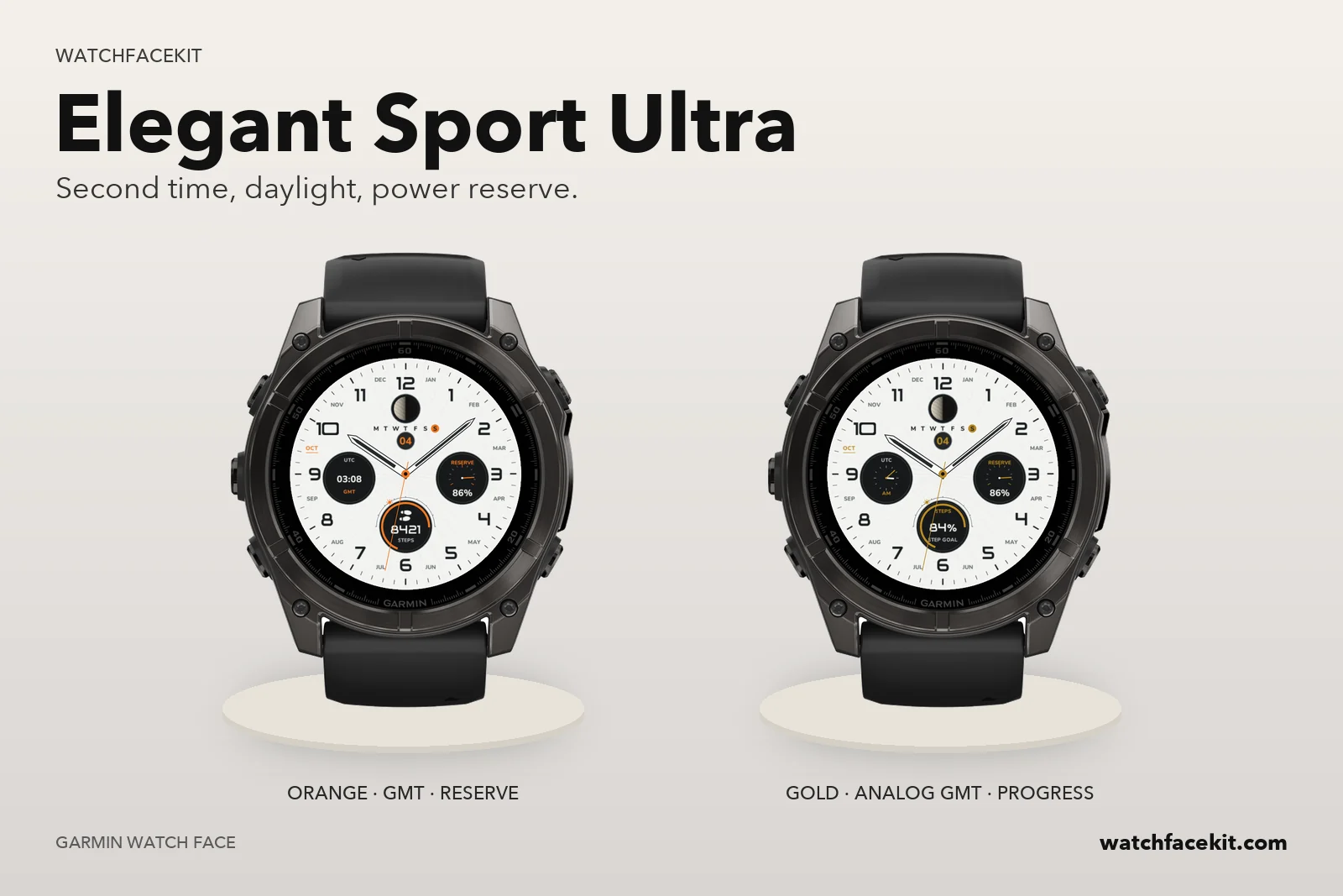 หน้าปัด Elegant Sport Ultra บน Garmin fēnix 8 — Orange · GMT · reserve และ Gold · analog GMT · progress