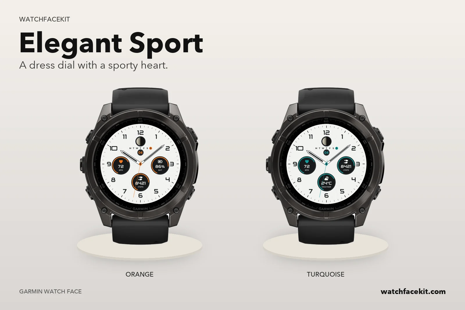หน้าปัด Elegant Sport บน Garmin fēnix 8 — Orange และ Turquoise