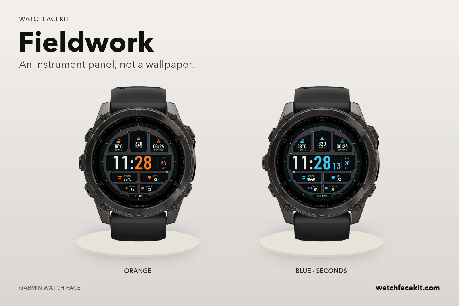 หน้าปัด Fieldwork บน Garmin fēnix 8 — Orange และ Blue · seconds