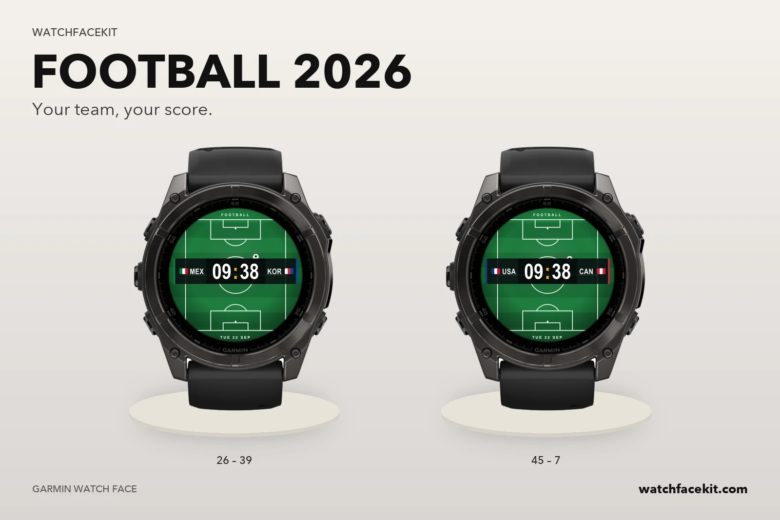 หน้าปัด FOOTBALL 2026 บน Garmin fēnix 8 — 26 – 39 และ 45 – 7