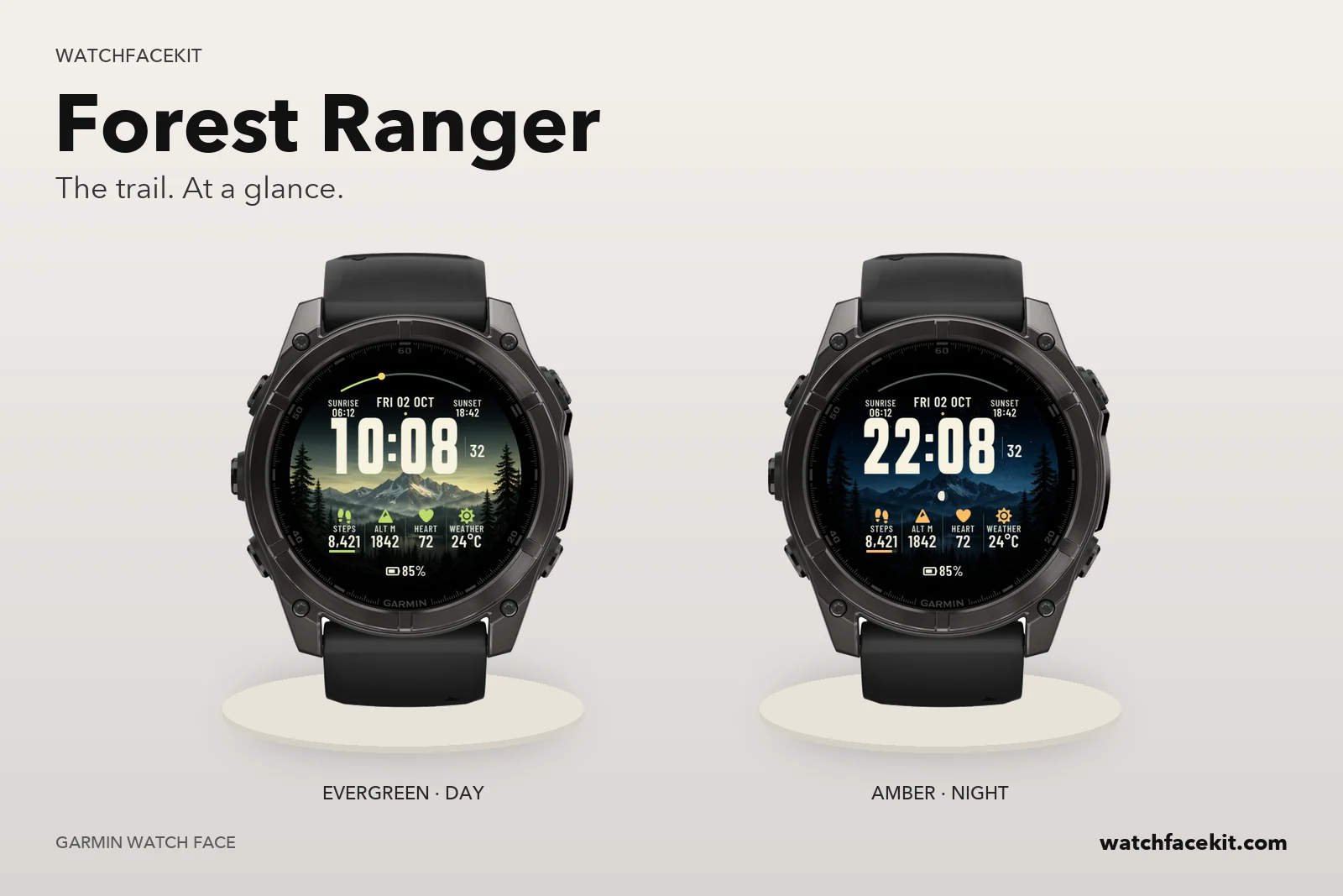 หน้าปัด Forest Ranger บน Garmin fēnix 8 — Evergreen · Day และ Amber · Night