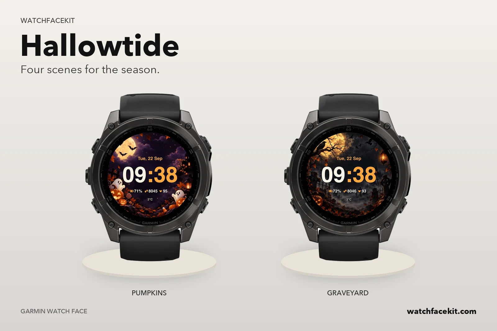 หน้าปัด Hallowtide บน Garmin fēnix 8 — Pumpkins และ Graveyard