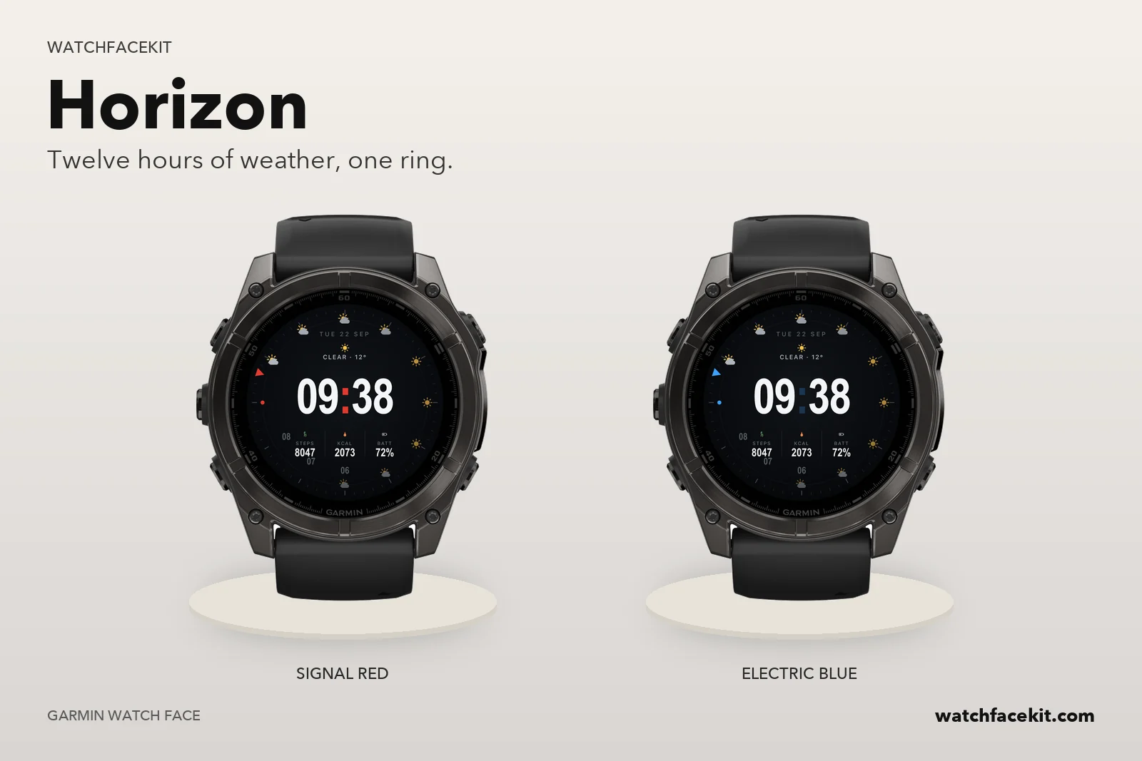 หน้าปัด Horizon บน Garmin fēnix 8 — Signal red และ Electric blue