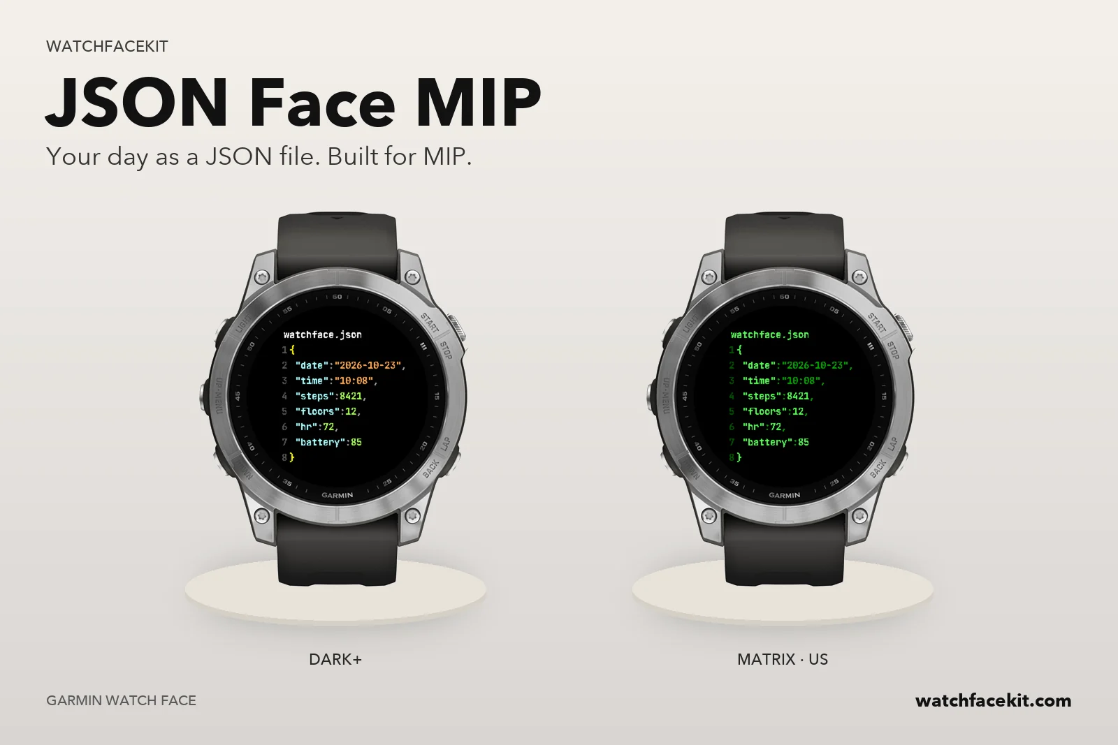 Wijzerplaat JSON Face MIP op een Garmin fēnix 7 — Dark+ en Matrix · US