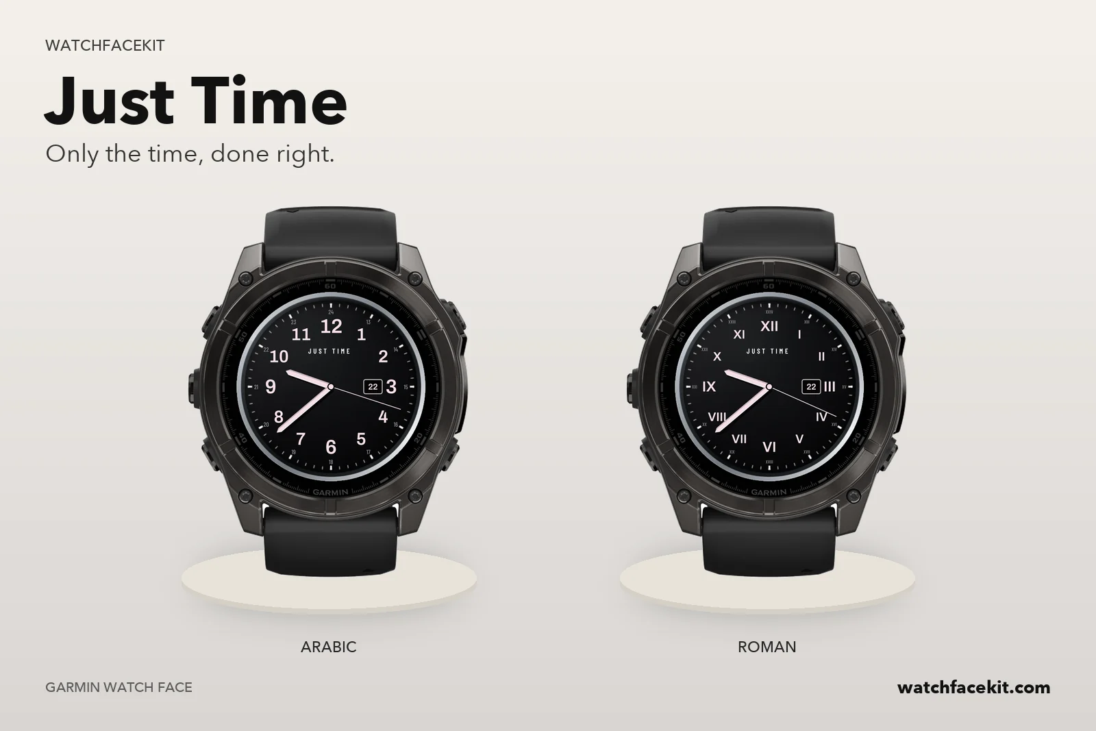 หน้าปัด Just Time บน Garmin fēnix 8 — Arabic และ Roman