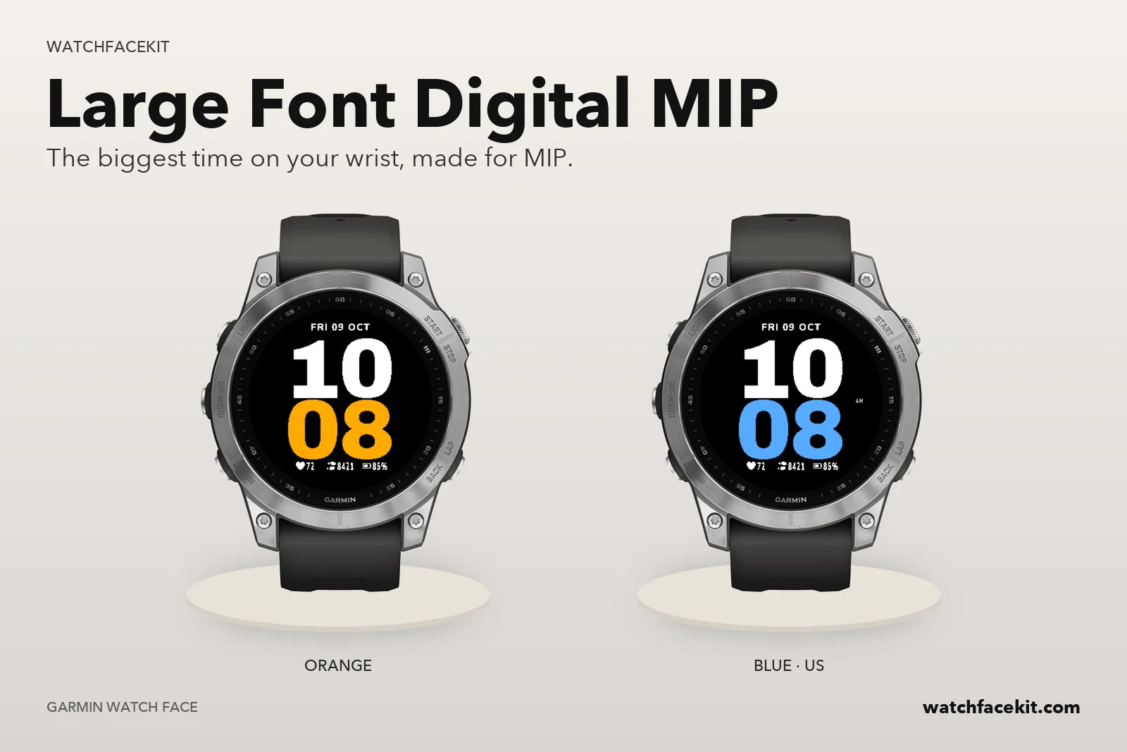 Garmin fēnix 7 に表示した Large Font Digital MIP ウォッチフェイス(Orange・Blue · US)
