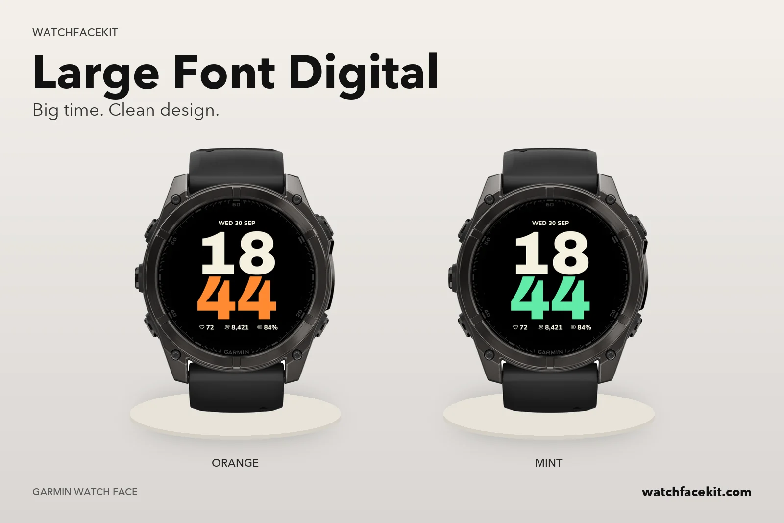หน้าปัด Large Font Digital บน Garmin fēnix 8 — Orange และ Mint