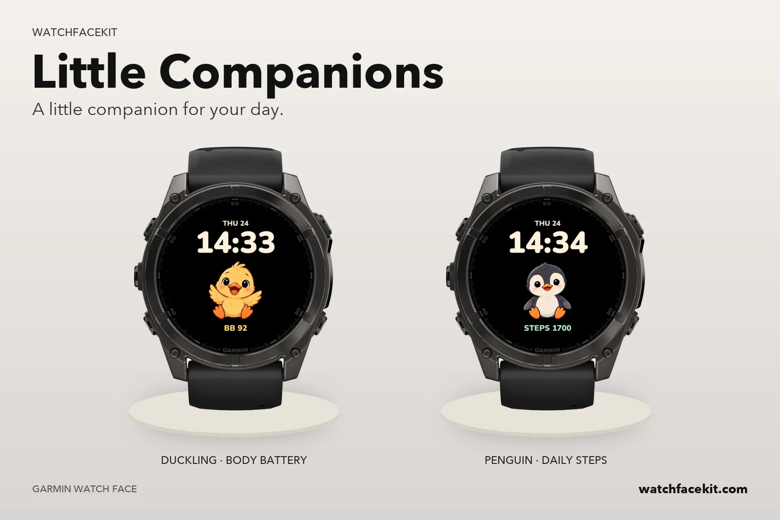 หน้าปัด Little Companions บน Garmin fēnix 8 — Duckling · Body Battery และ Penguin · Daily steps
