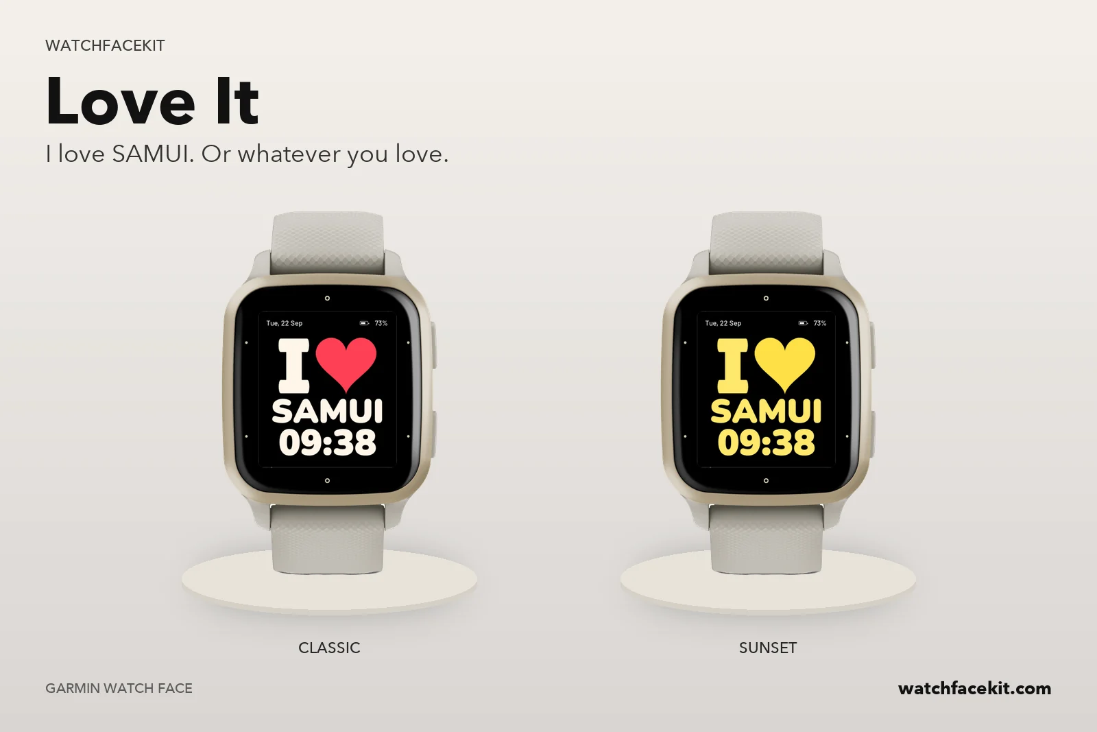 หน้าปัด Love It บน Garmin Venu Sq 2 — Classic และ Sunset