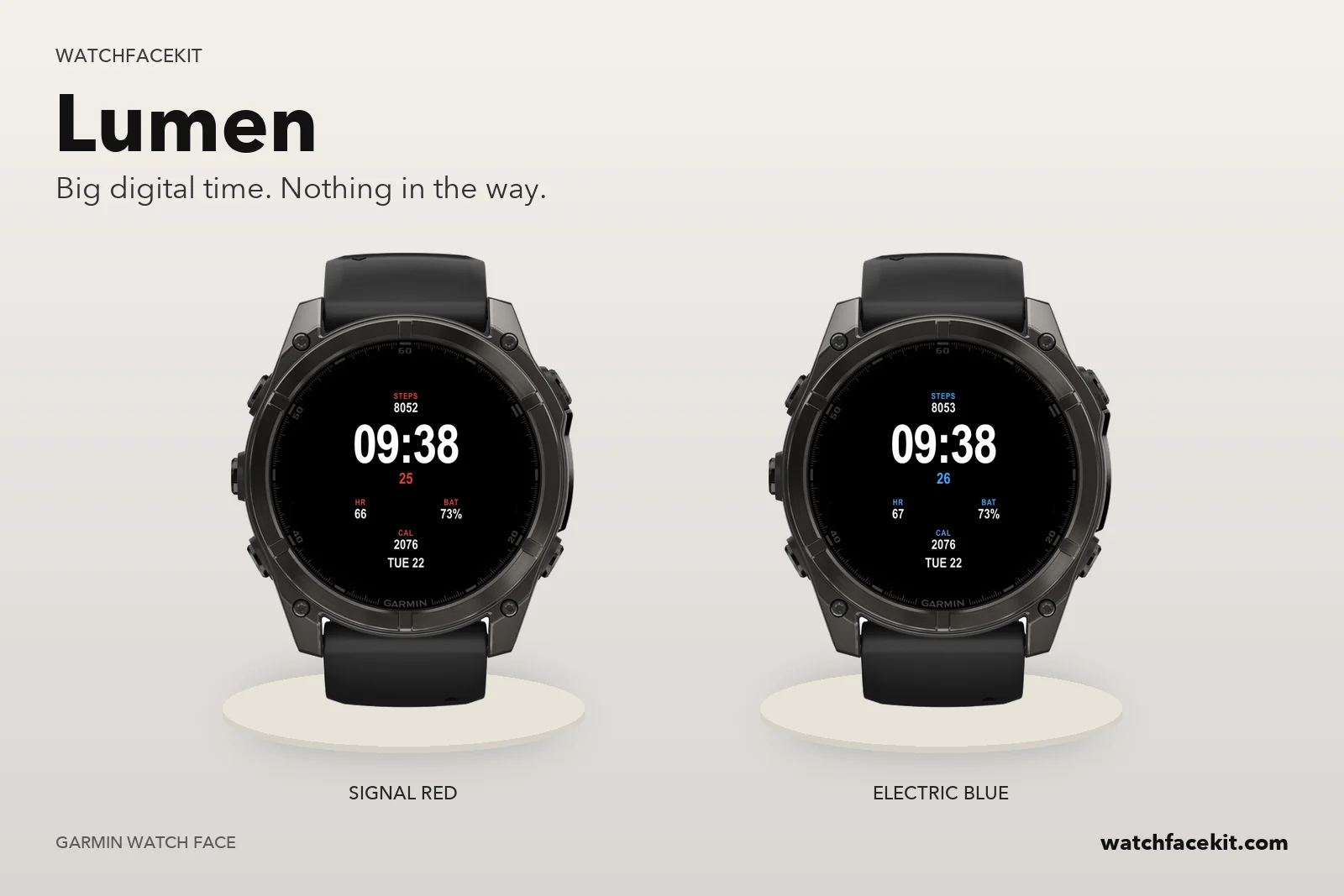 หน้าปัด Lumen บน Garmin fēnix 8 — Signal red และ Electric blue