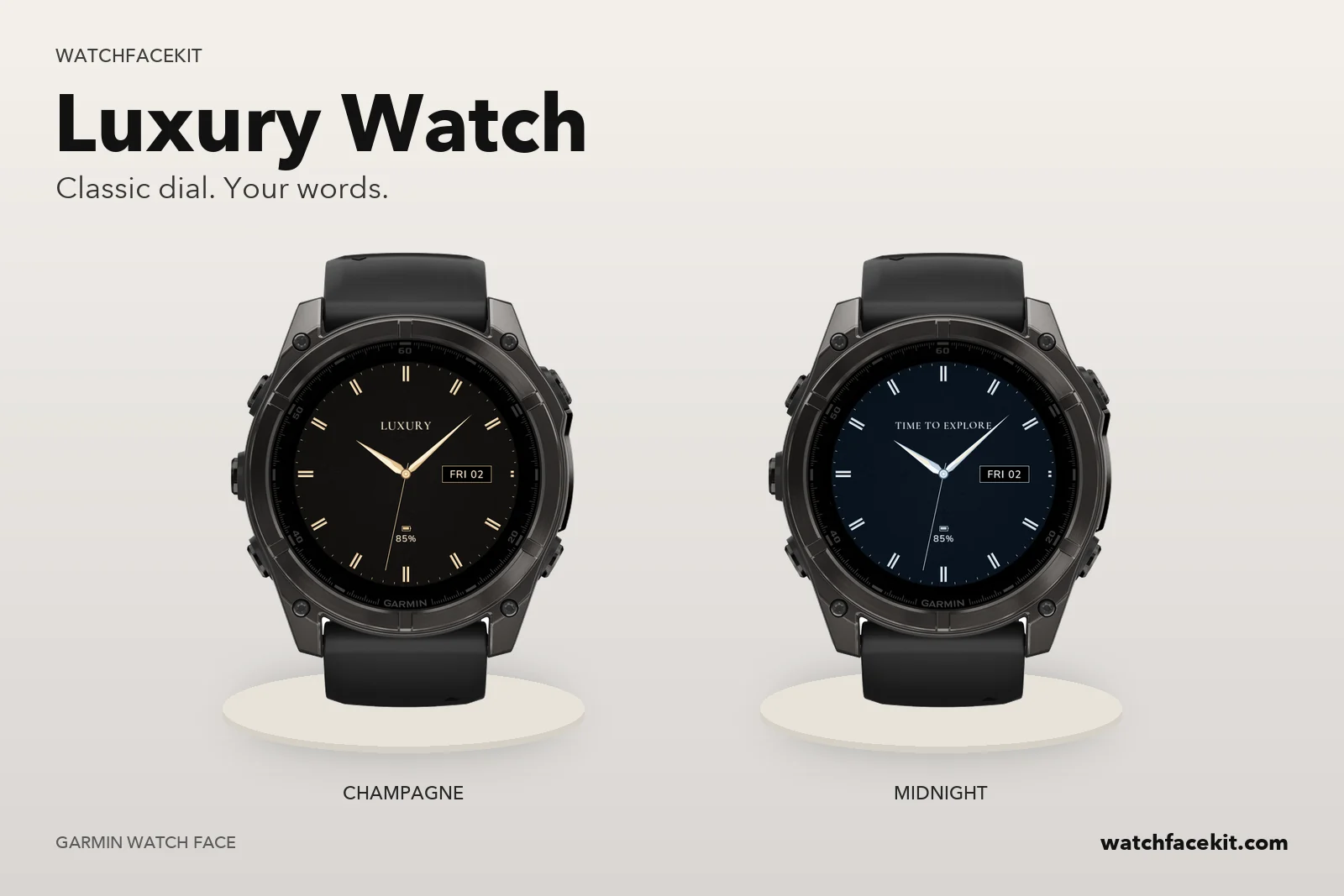 หน้าปัด Luxury Watch บน Garmin fēnix 8 — Champagne และ Midnight