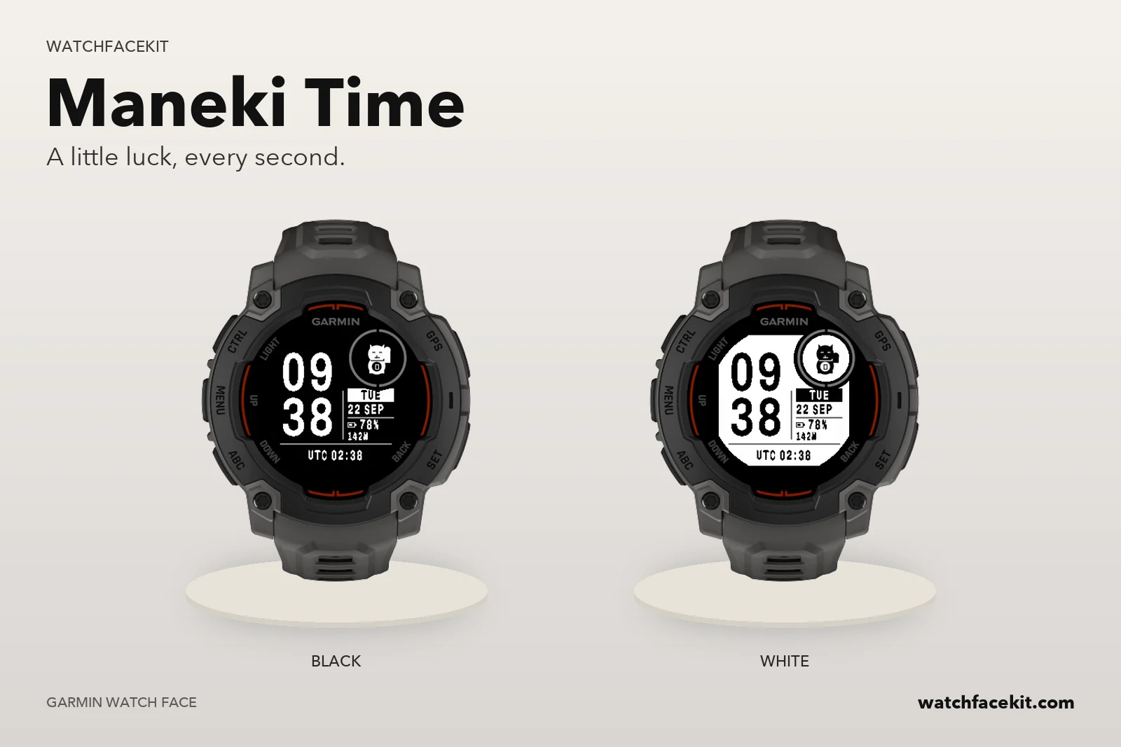 หน้าปัด Maneki Time บน Garmin Instinct E — Black และ White