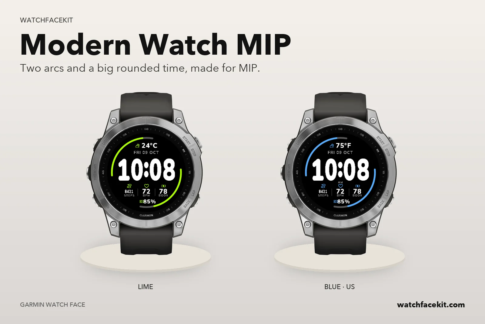 Modern Watch MIP watch face on a Garmin fēnix 7 — Lime and Blue · US