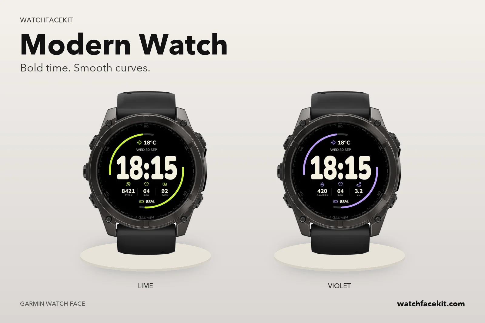 หน้าปัด Modern Watch บน Garmin fēnix 8 — Lime และ Violet