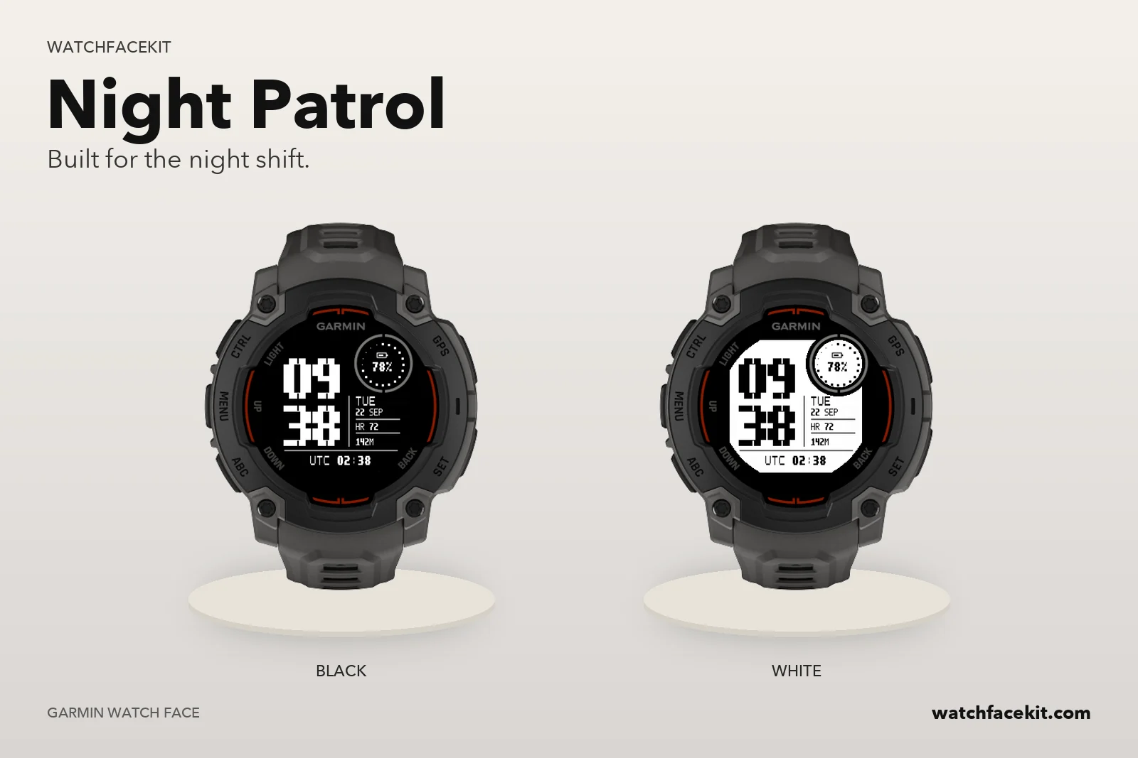 หน้าปัด Night Patrol บน Garmin Instinct E — Black และ White