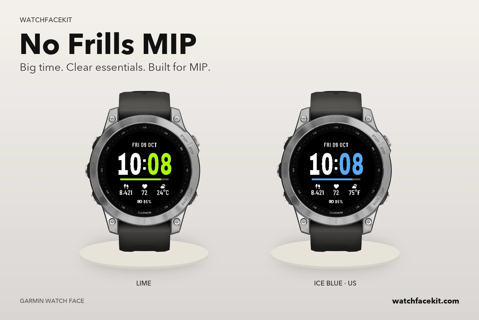 Watchface No Frills MIP auf einer Garmin fēnix 7 — Lime und Ice Blue · US