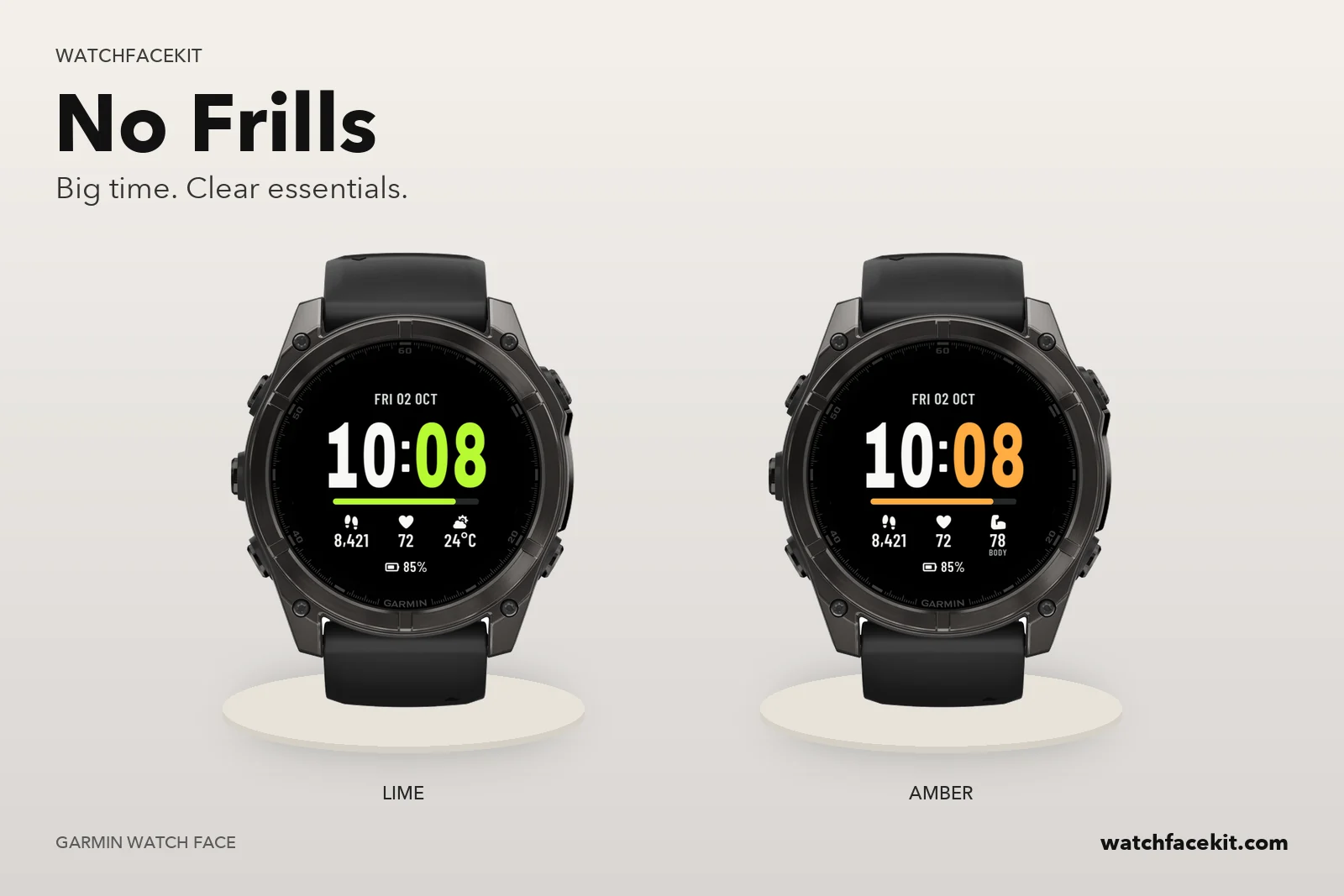 หน้าปัด No Frills บน Garmin fēnix 8 — Lime และ Amber