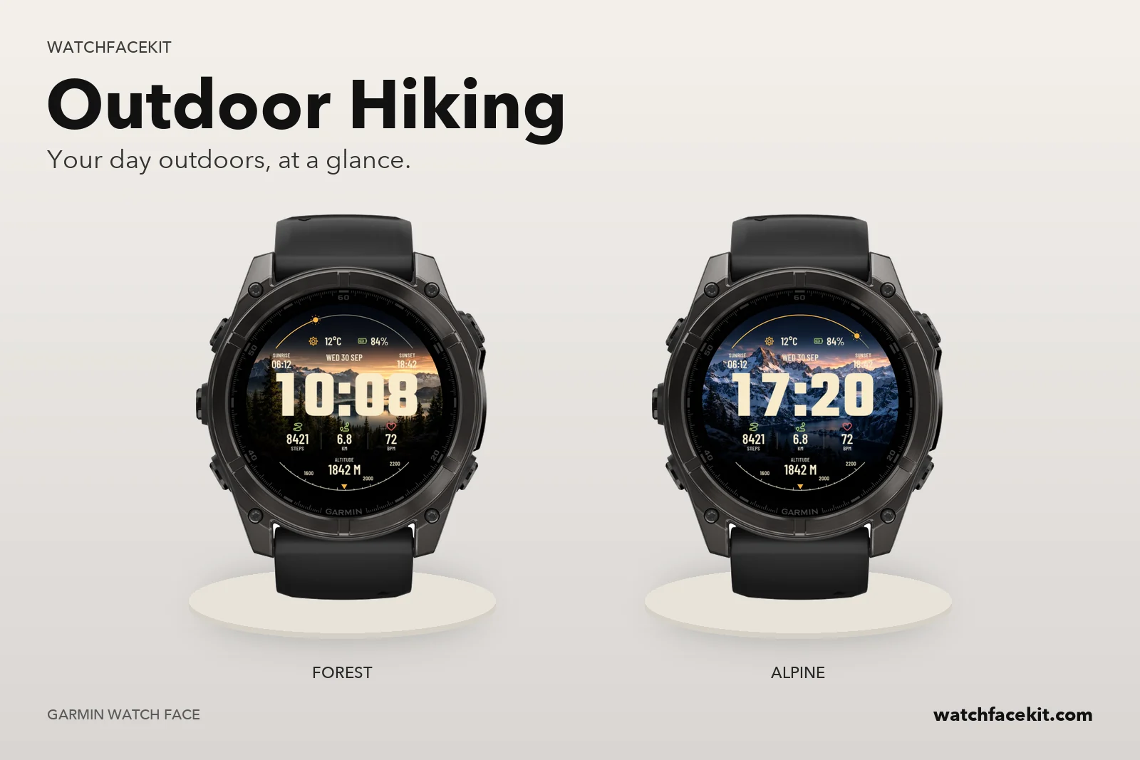 หน้าปัด Outdoor Hiking บน Garmin fēnix 8 — Forest และ Alpine