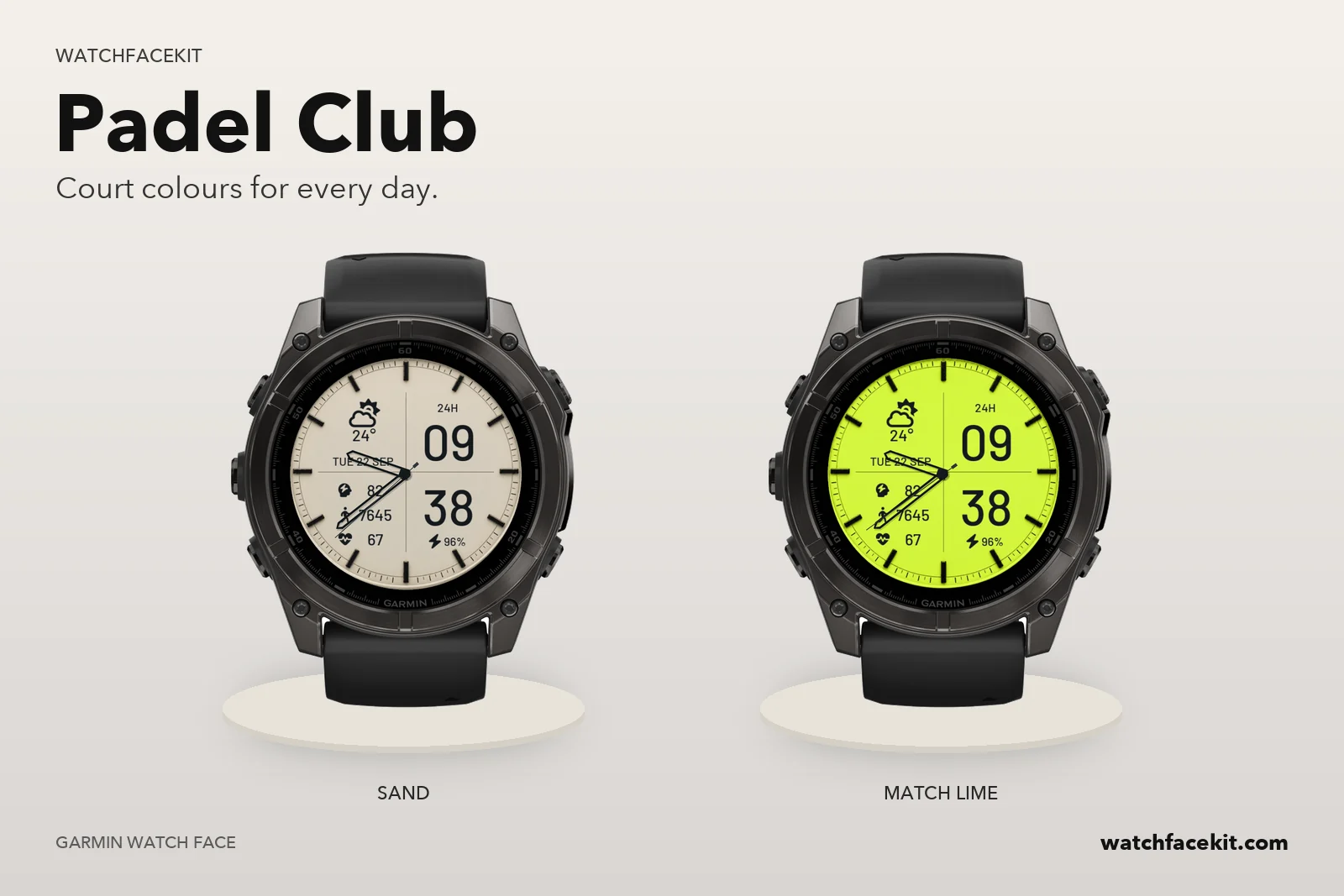 หน้าปัด Padel Club บน Garmin fēnix 8 — Sand และ Match lime