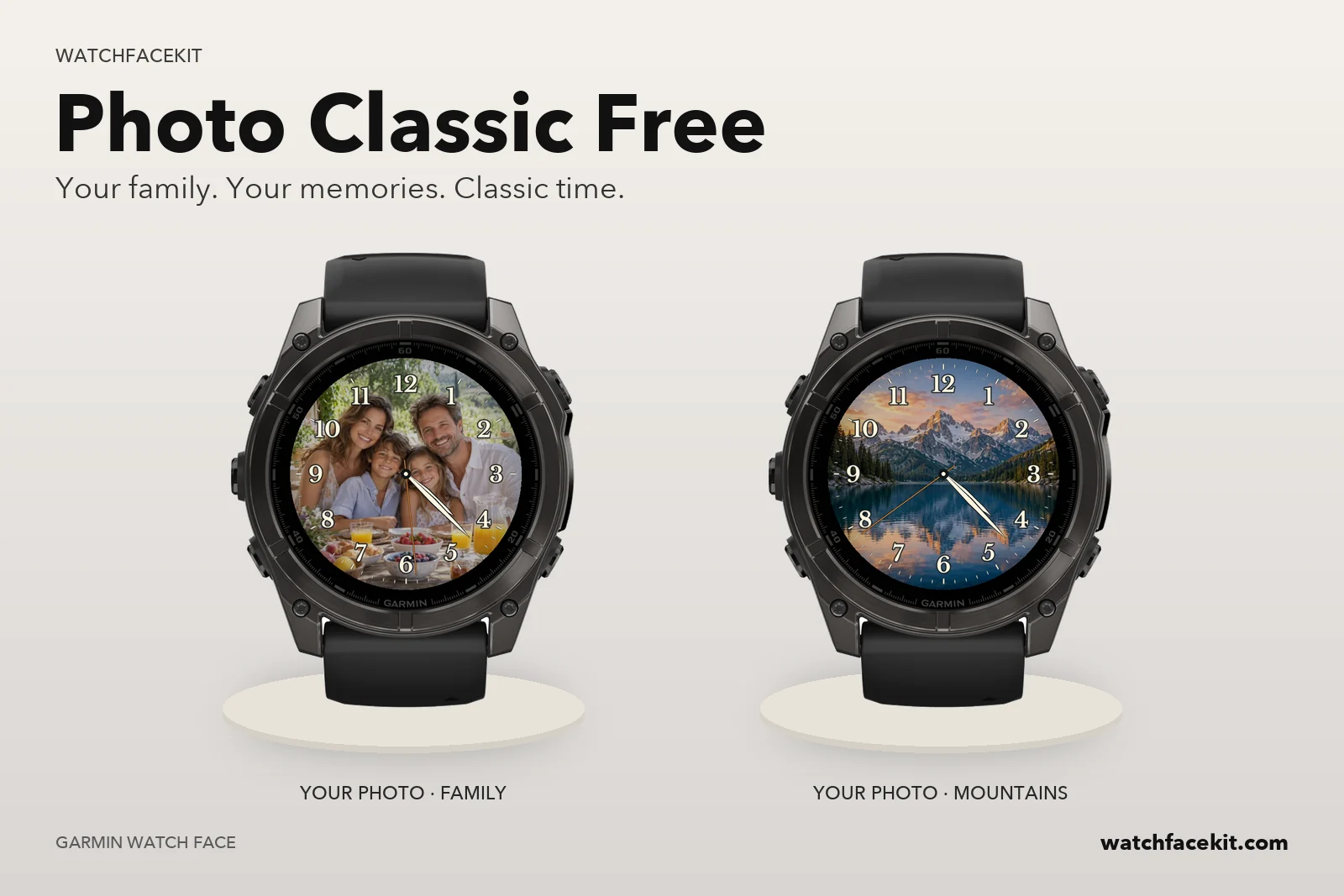 Photo Classic Free watch face on a Garmin fēnix 8 — Your photo · family and Your photo · mountains