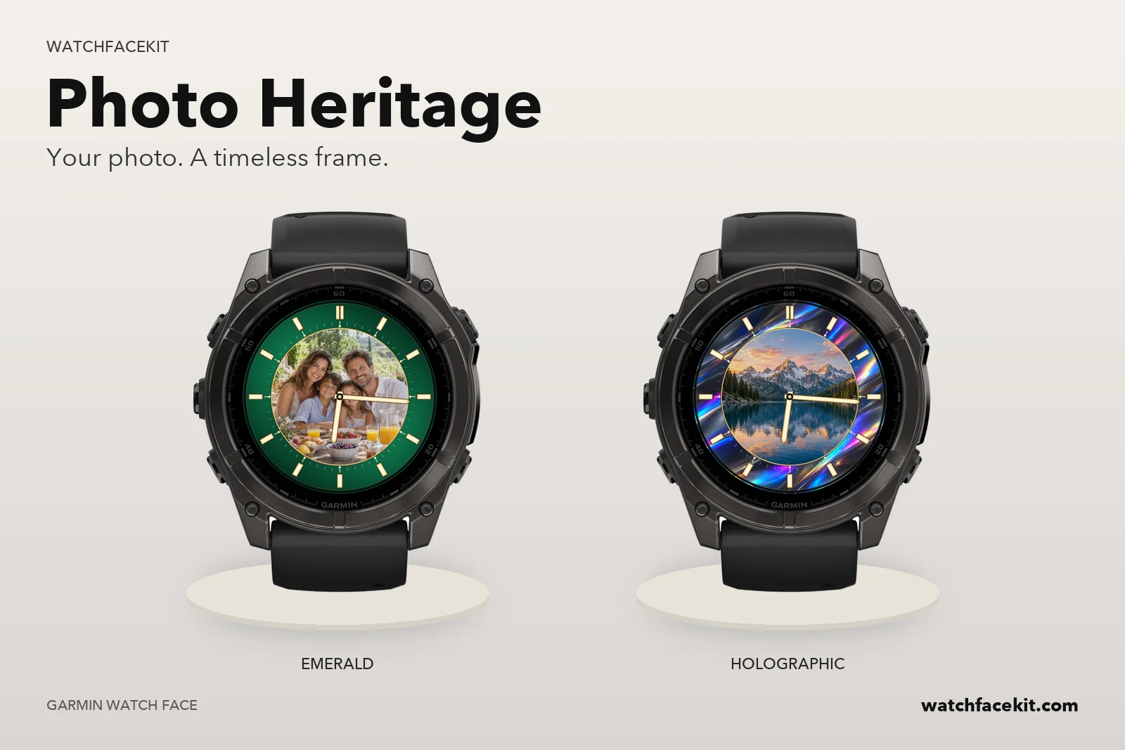 Photo Heritage watch face on a Garmin fēnix 8 — Emerald and Holographic