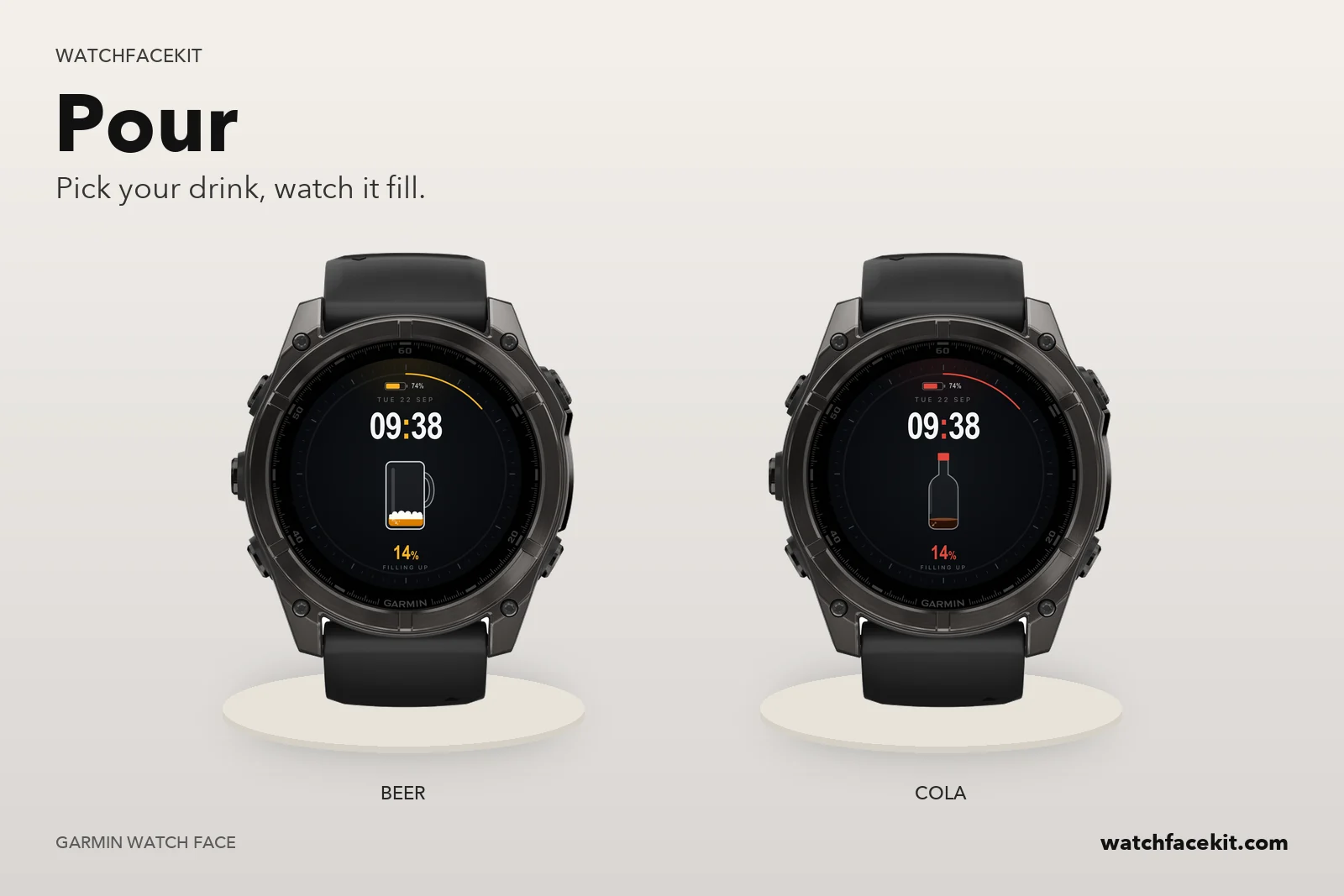 หน้าปัด Pour บน Garmin fēnix 8 — Beer และ Cola