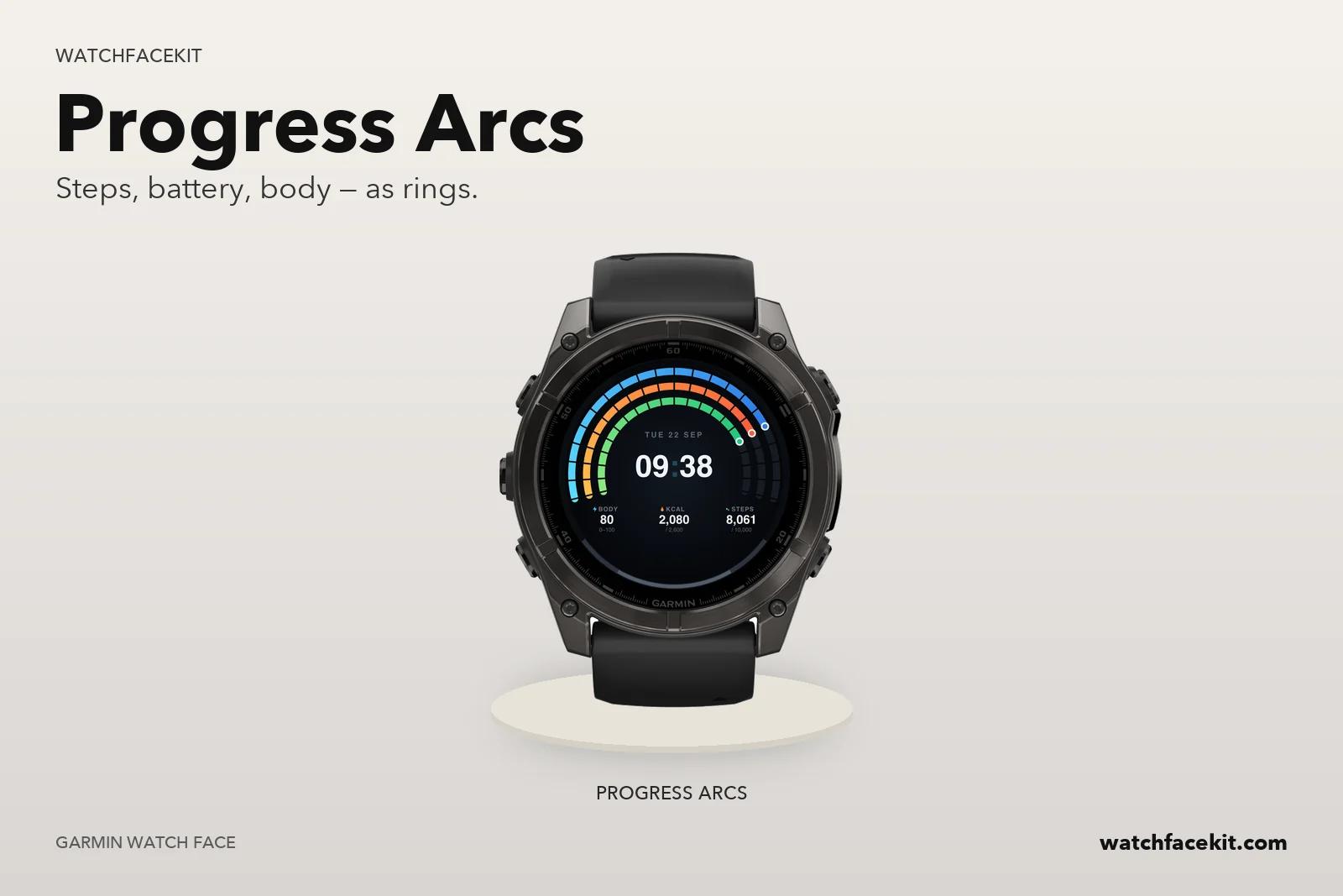หน้าปัด Progress Arcs บน Garmin fēnix 8