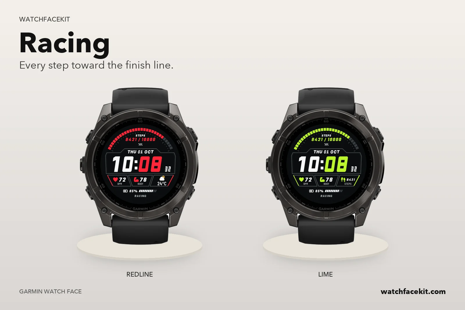หน้าปัด Racing บน Garmin fēnix 8 — Redline และ Lime