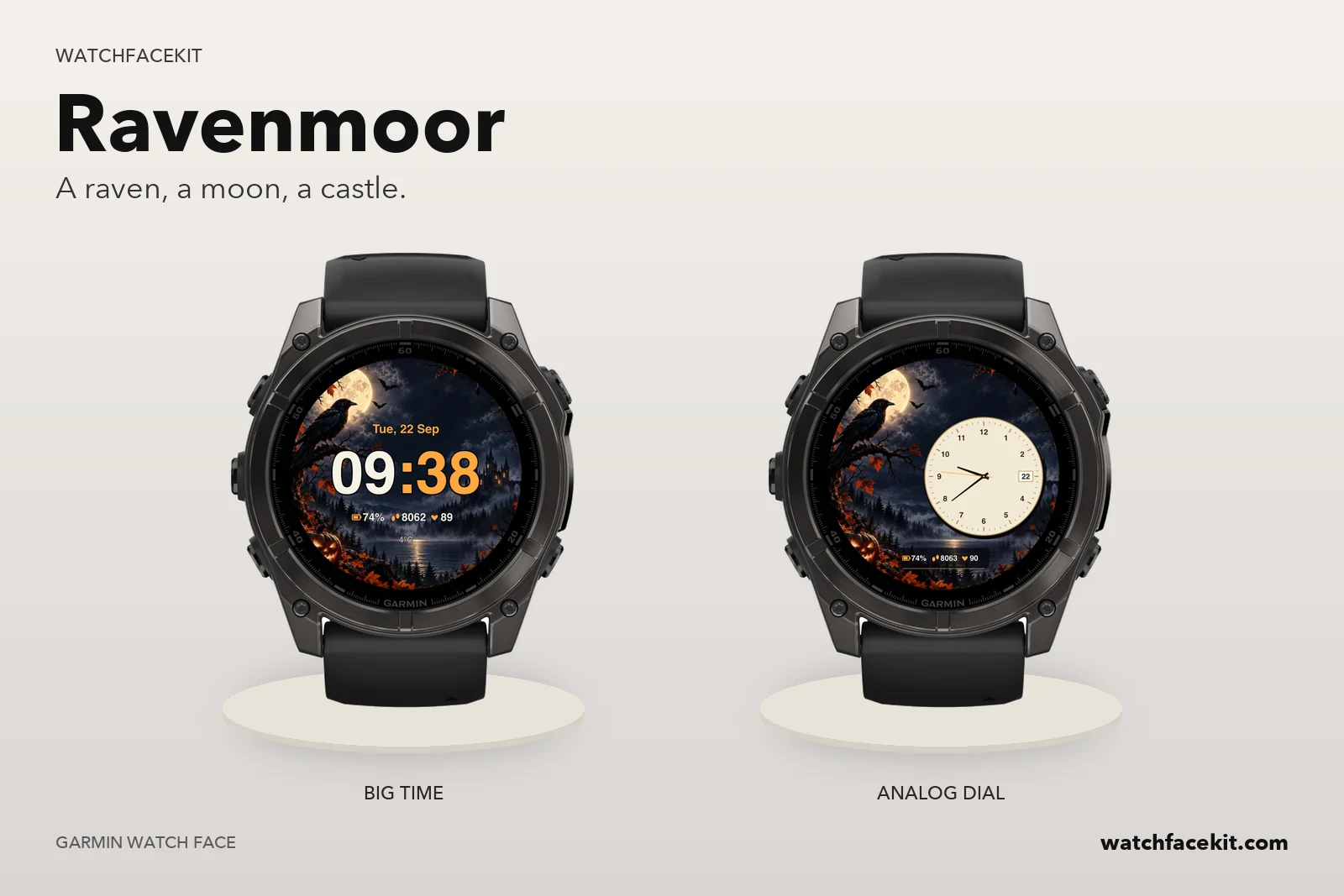 หน้าปัด Ravenmoor บน Garmin fēnix 8 — Big time และ Analog dial