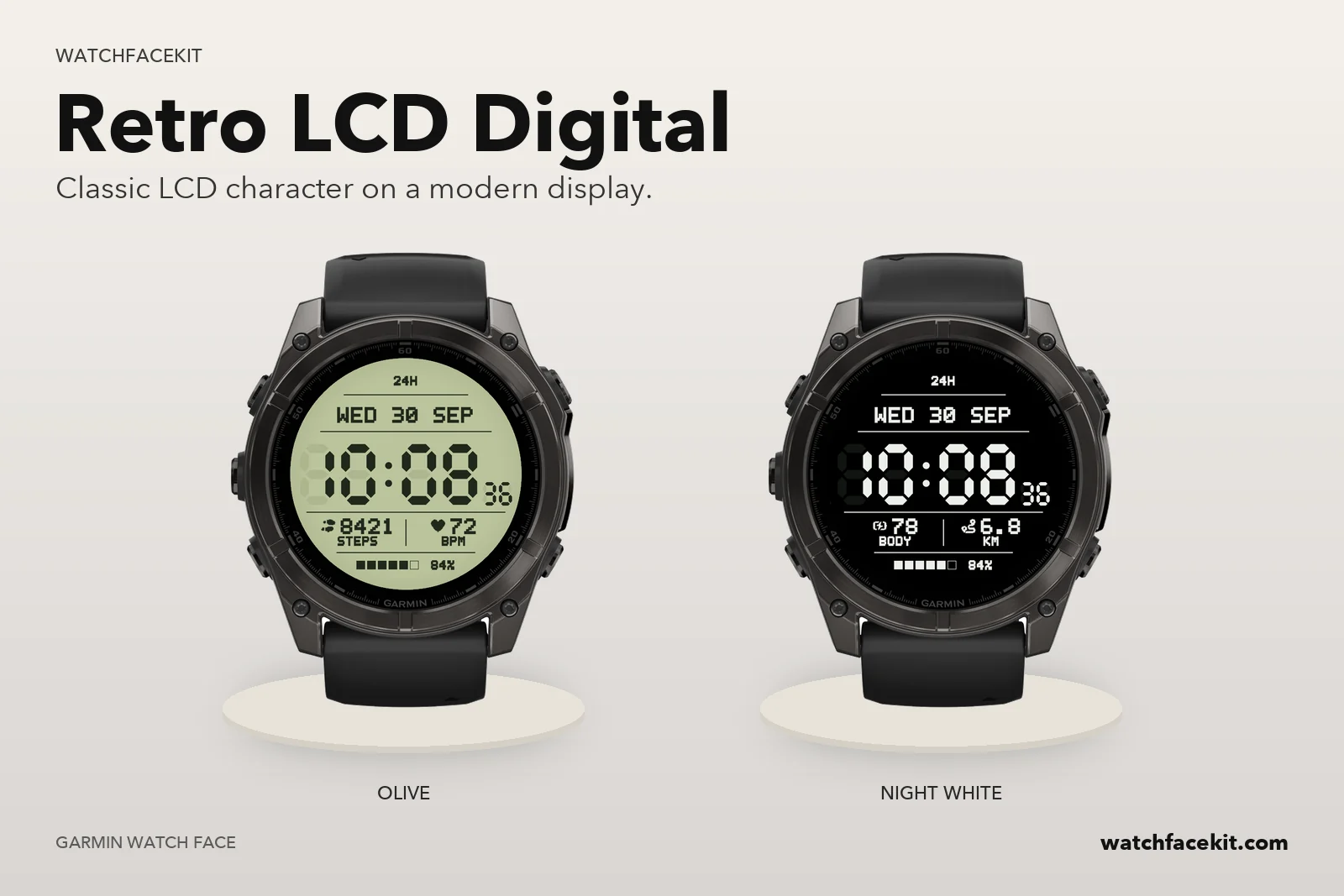 หน้าปัด Retro LCD Digital บน Garmin fēnix 8 — Olive และ Night White