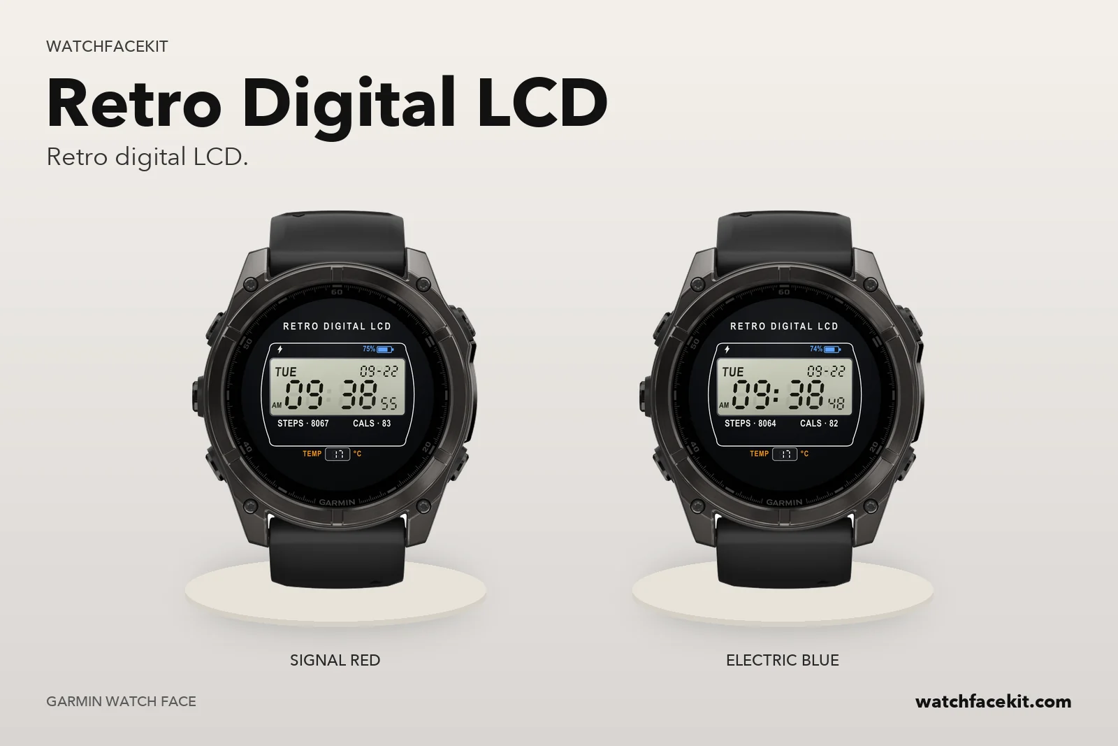 หน้าปัด Retro Digital LCD บน Garmin fēnix 8 — Signal red และ Electric blue