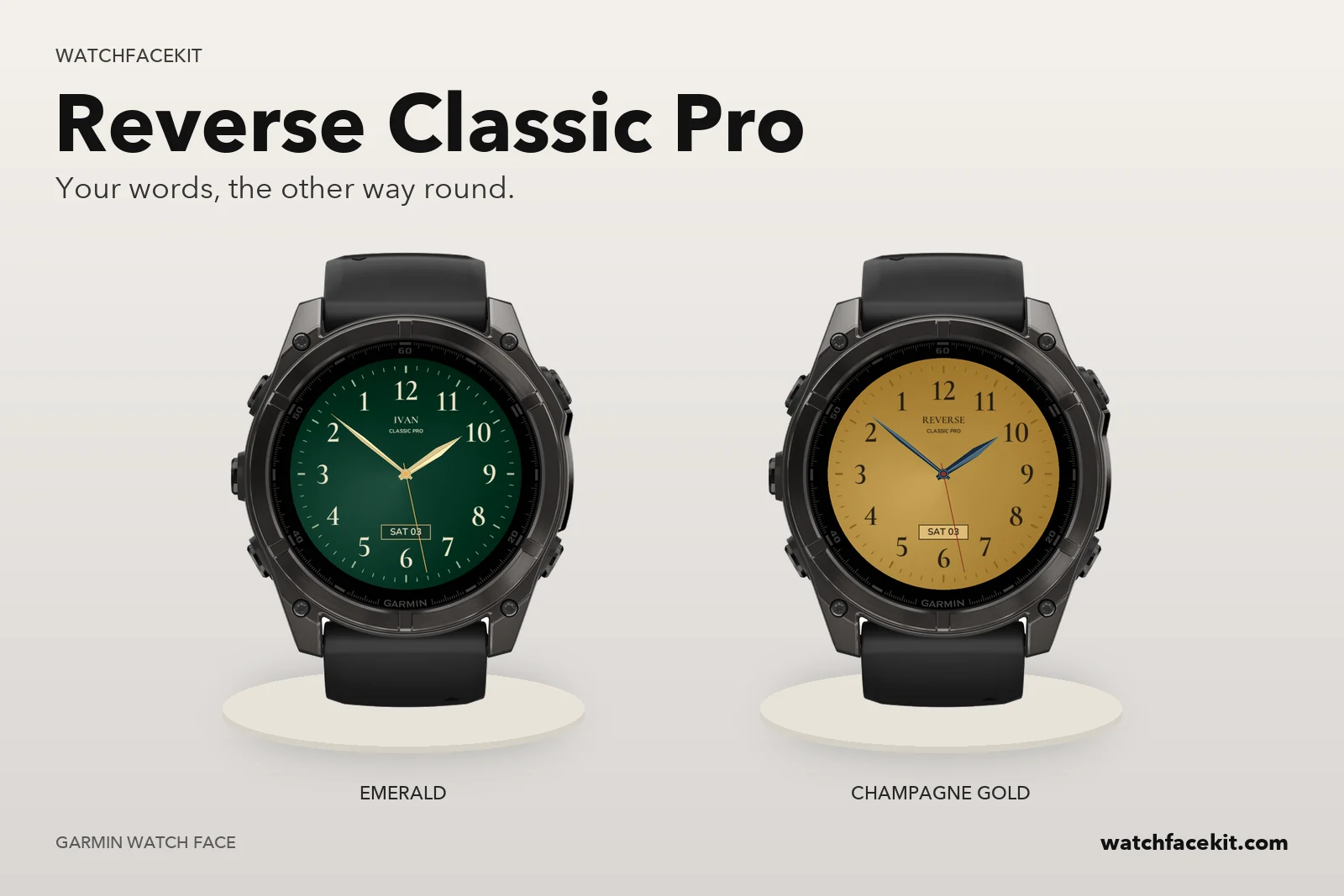 หน้าปัด Reverse Classic Pro บน Garmin fēnix 8 — Emerald และ Champagne Gold